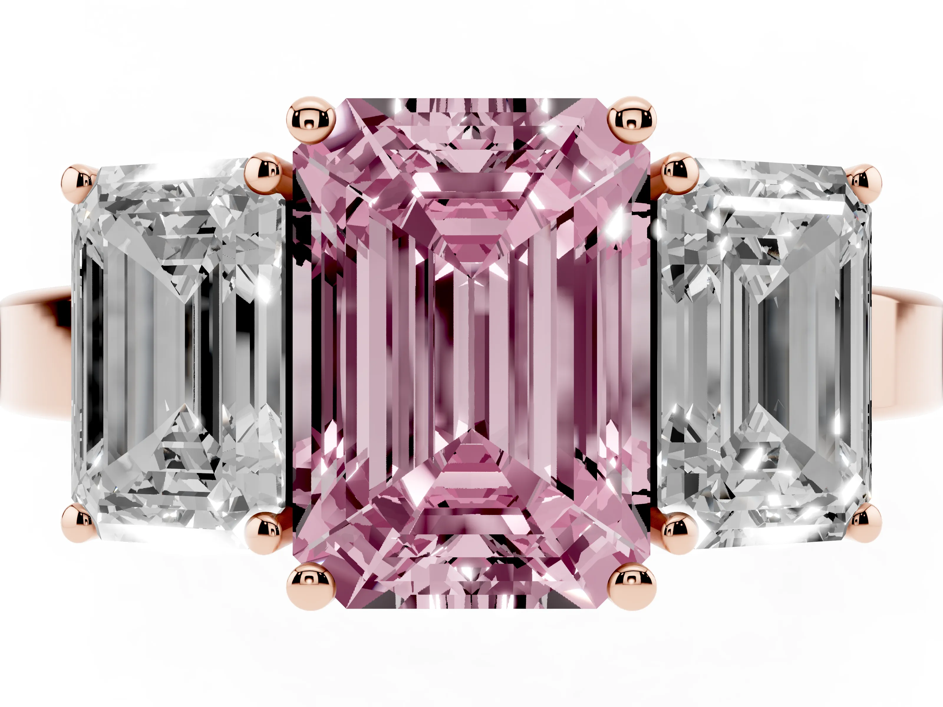 Fancy Pink Emerald Cut Diamond Three-Stone Engagement Ring Set in Rose gold with Flat Band