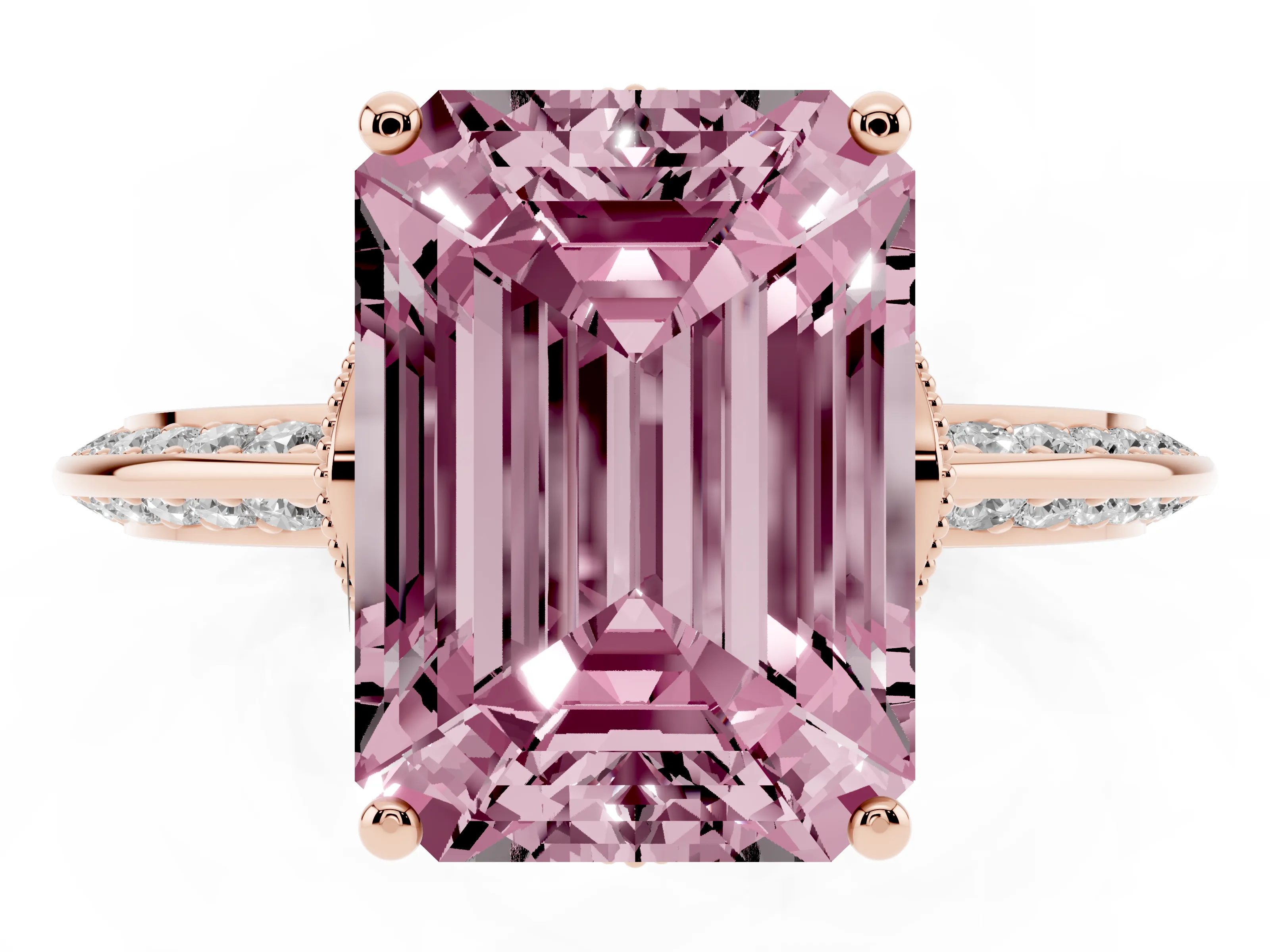 Fancy Pink Emerald Cut Diamond Solitaire Engagement Ring Set in Rose gold with Pavé Split Shank and Prong Setting