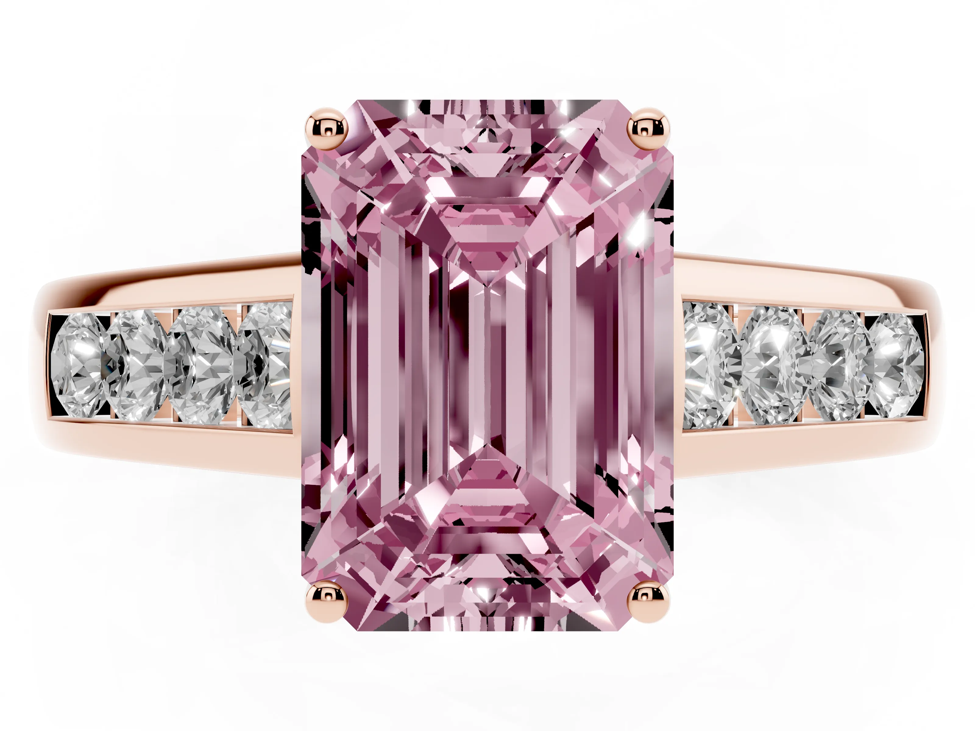 Fancy Pink Emerald Cut Diamond Solitaire Channel-Set Engagement Ring Set in Rose gold with Prong Setting