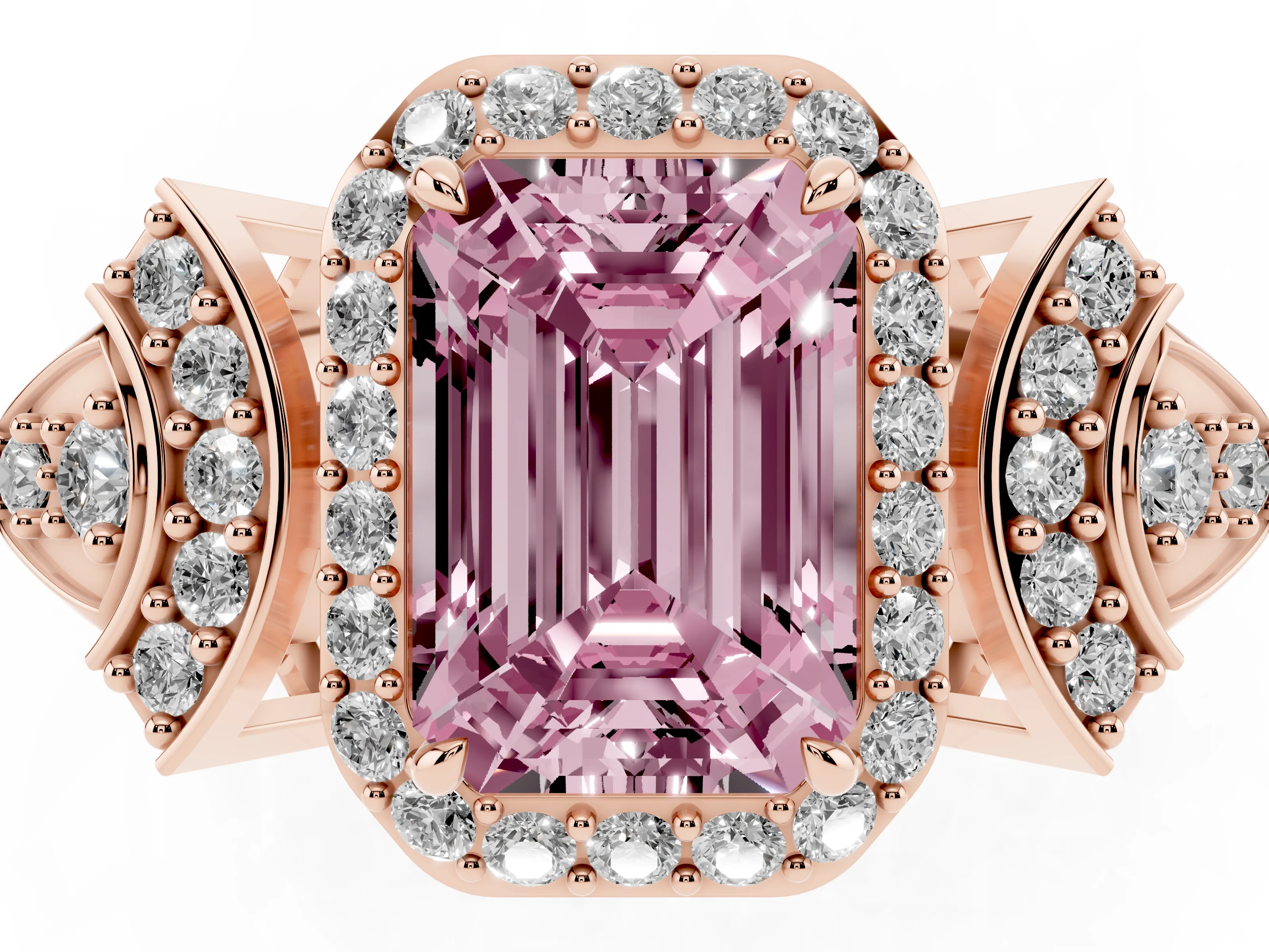 Fancy Pink Emerald Cut Diamond Halo Engagement Ring Set in Rose gold with Accent Stone Split Shank
