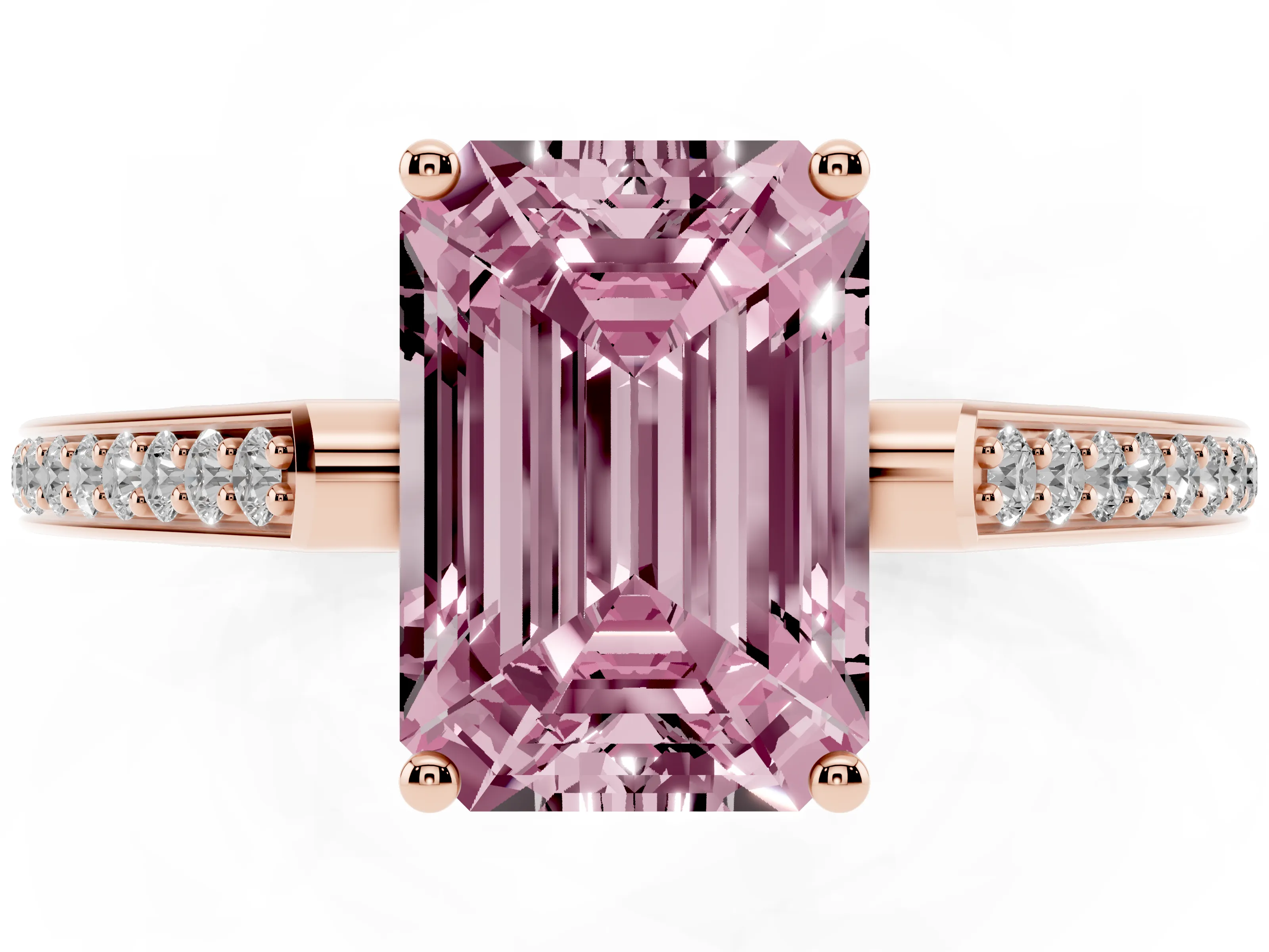 Fancy Pink Emerald Cut Diamond Cathedral Pavé Engagement Ring Set in Rose gold with Prong Setting
