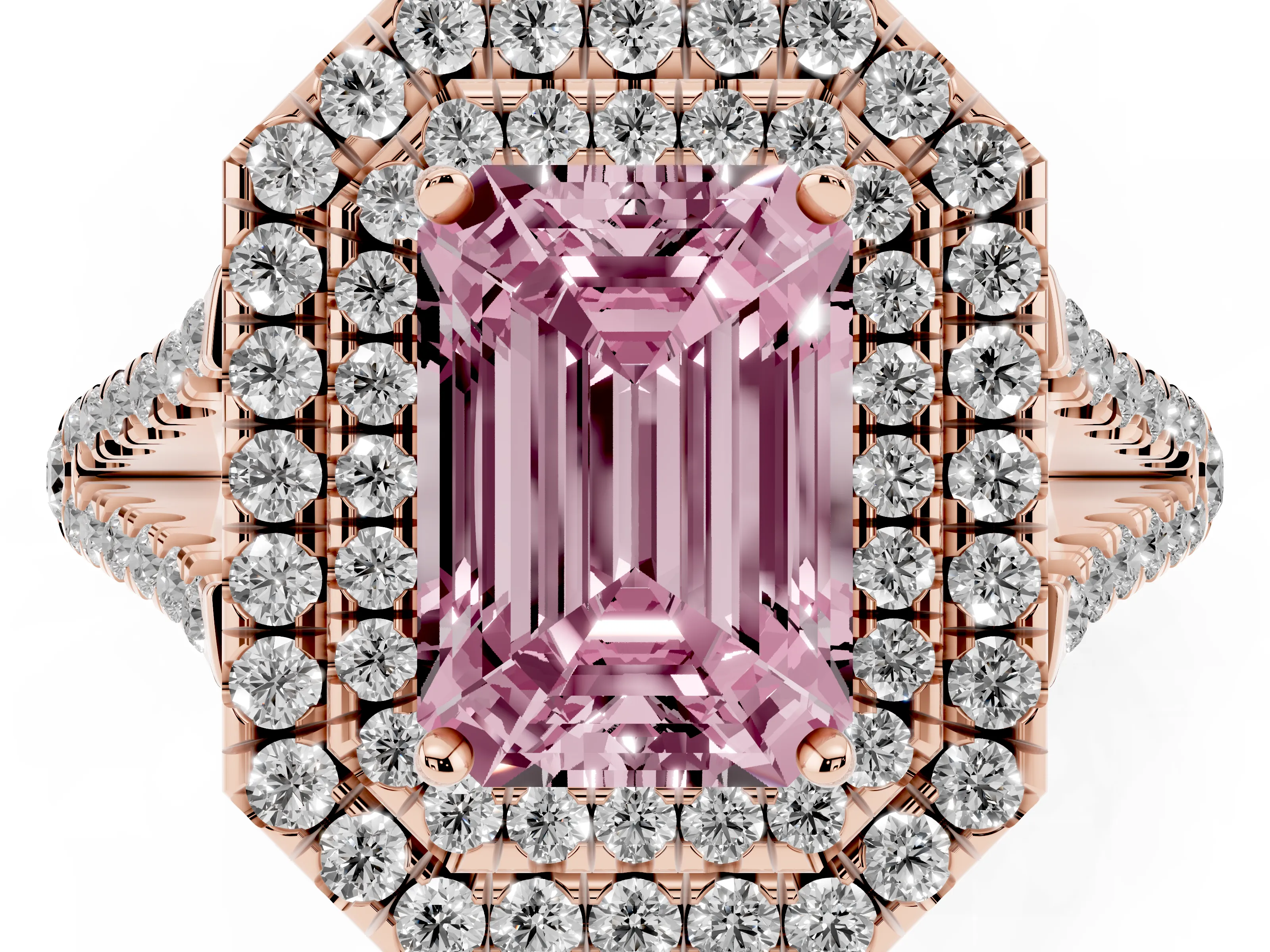 Fancy Pink Emerald Cut Diamond Double Halo Ring Set in Rose gold with Pavé Band