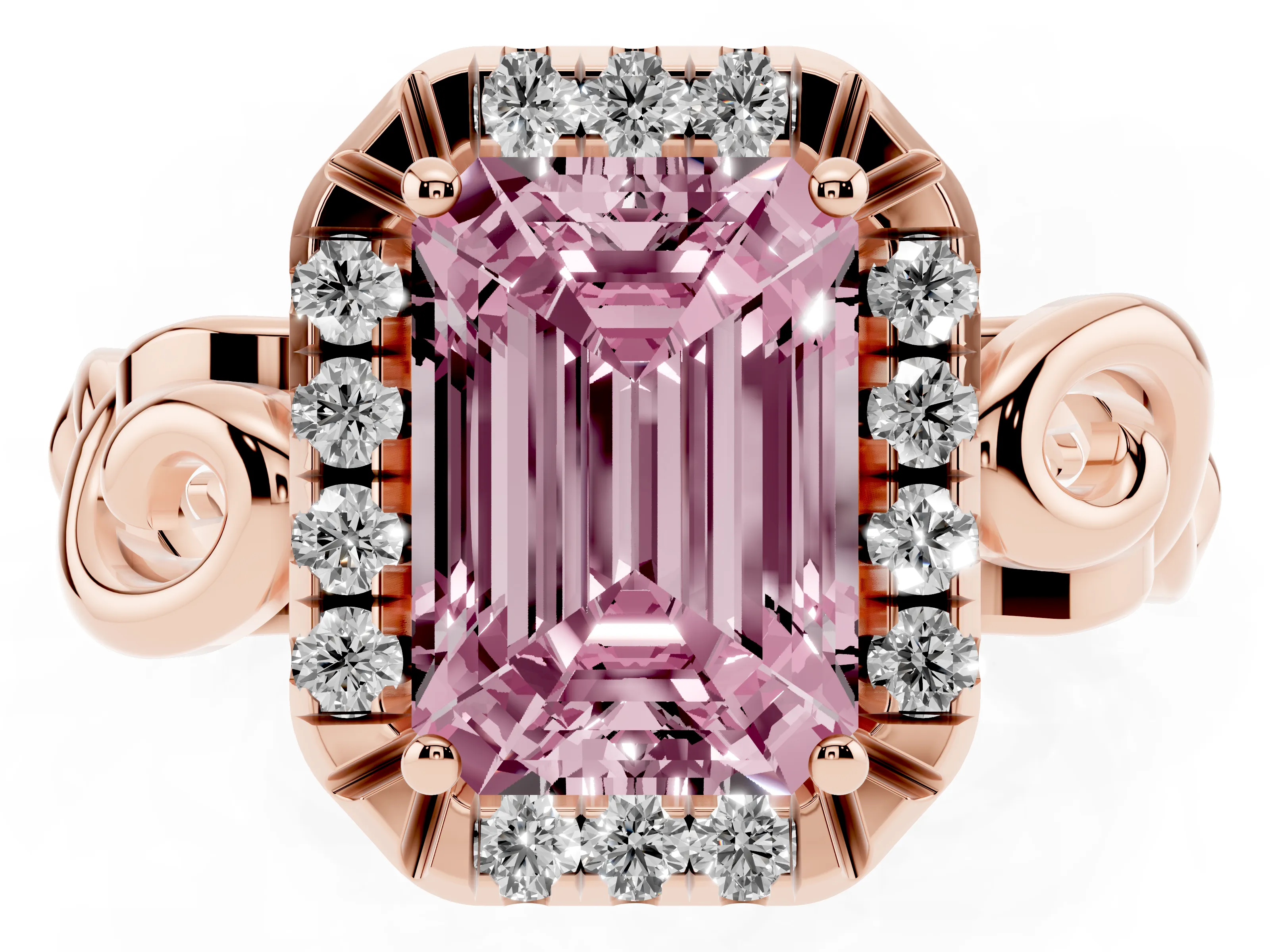 Fancy Pink Emerald Cut Diamond Halo Ring Set in Rose gold with Scrollwork Band and Prong Setting