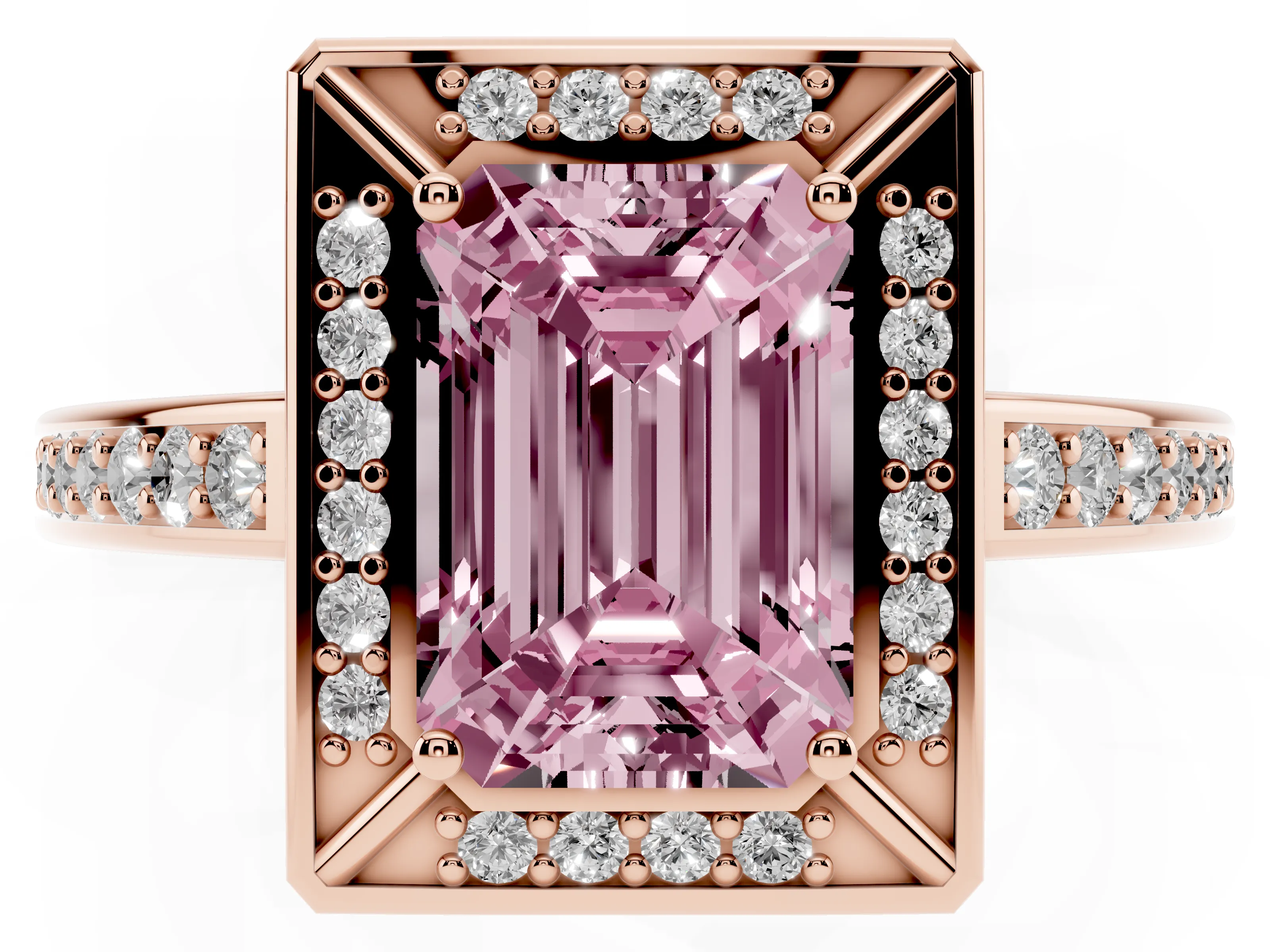 Fancy Pink Emerald Cut Diamond Halo Pavé Split Shank Ring Set in Rose gold with Prong Setting