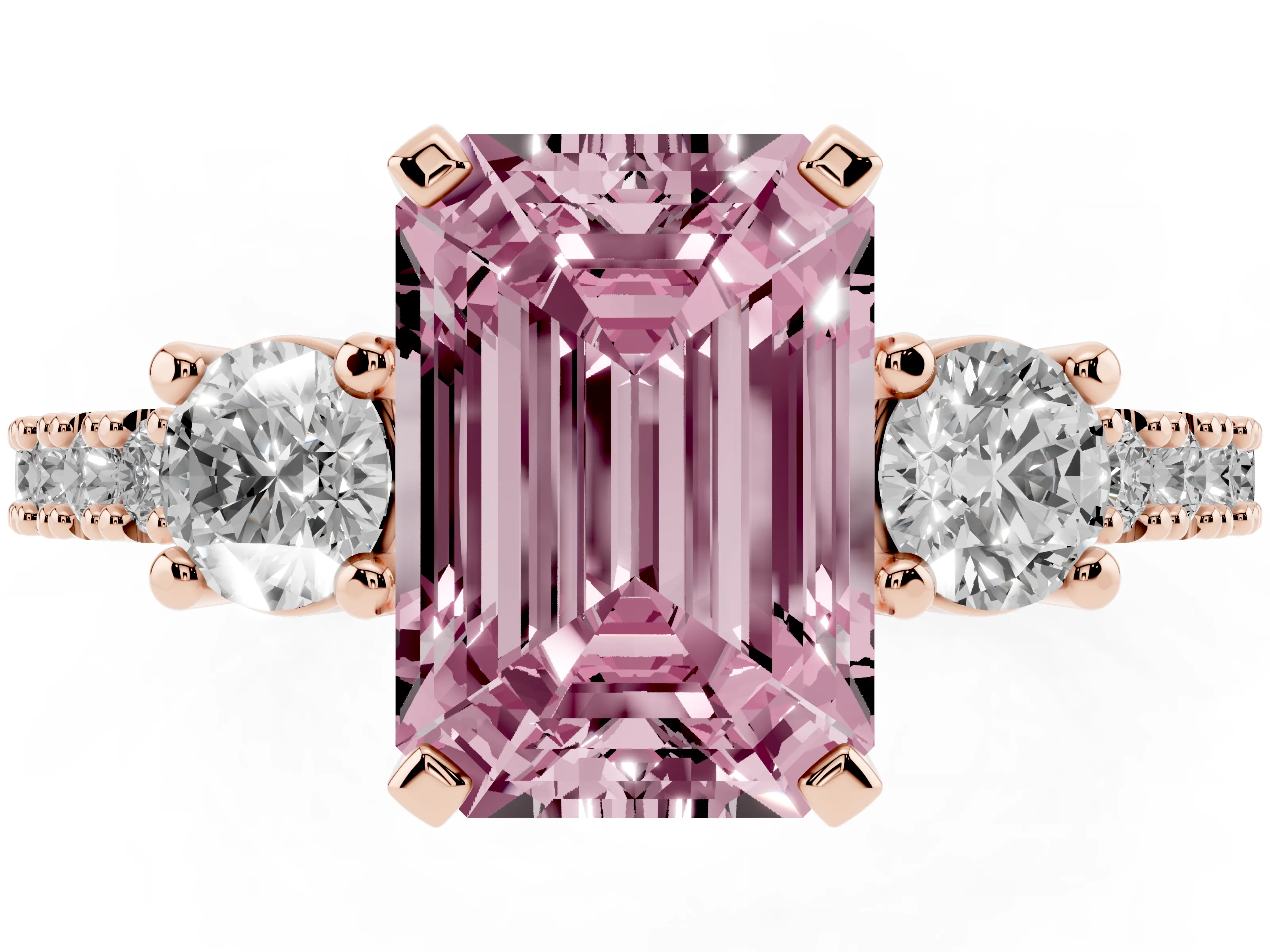 Fancy Pink Three-Stone Emerald Cut Diamond Pavé Band Ring Set in Rose gold with Prong Setting