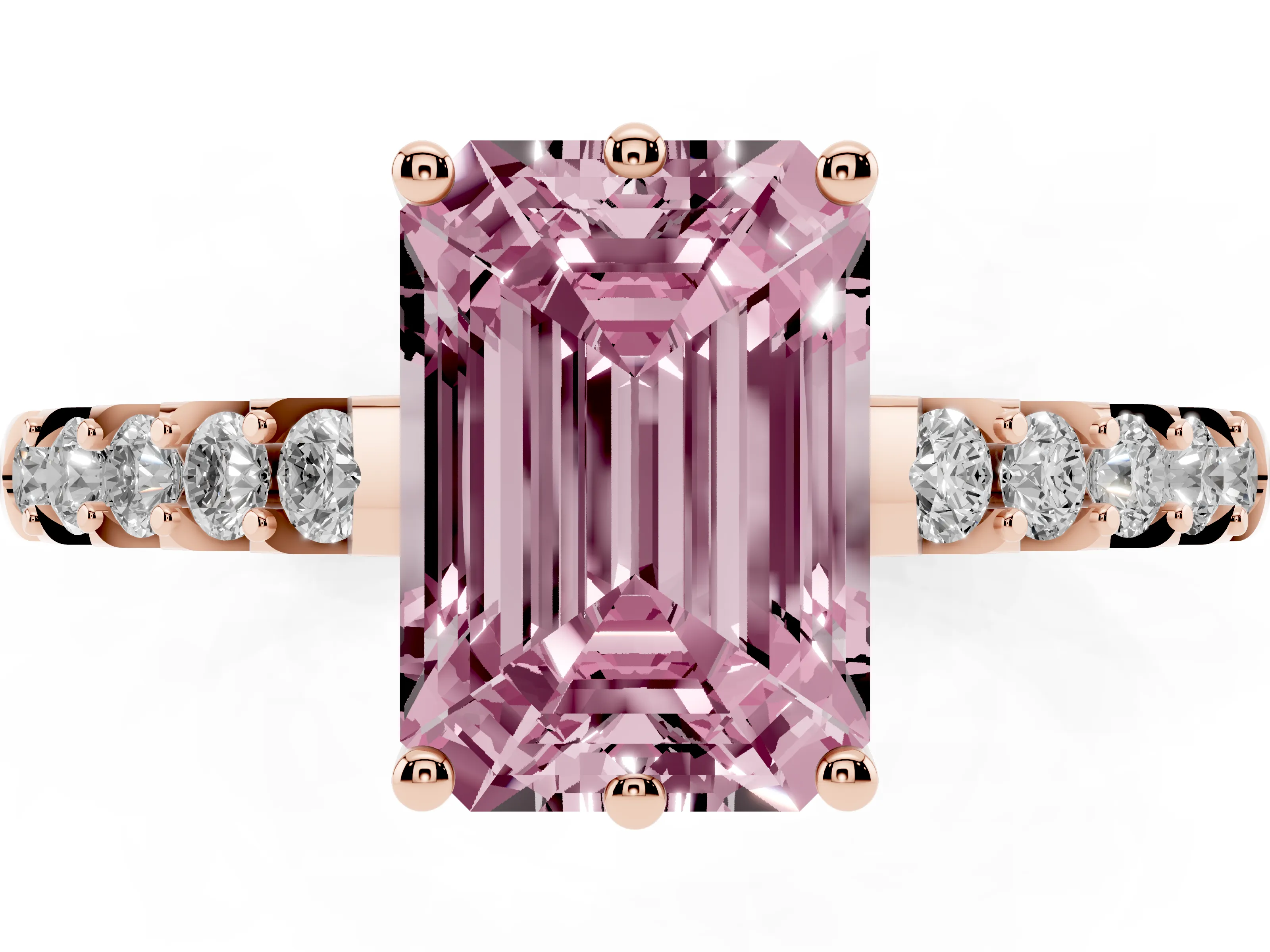 Fancy Pink Emerald Cut Diamond Solitaire Engagement Ring Set in Rose gold with Pavé Band and Prong Setting