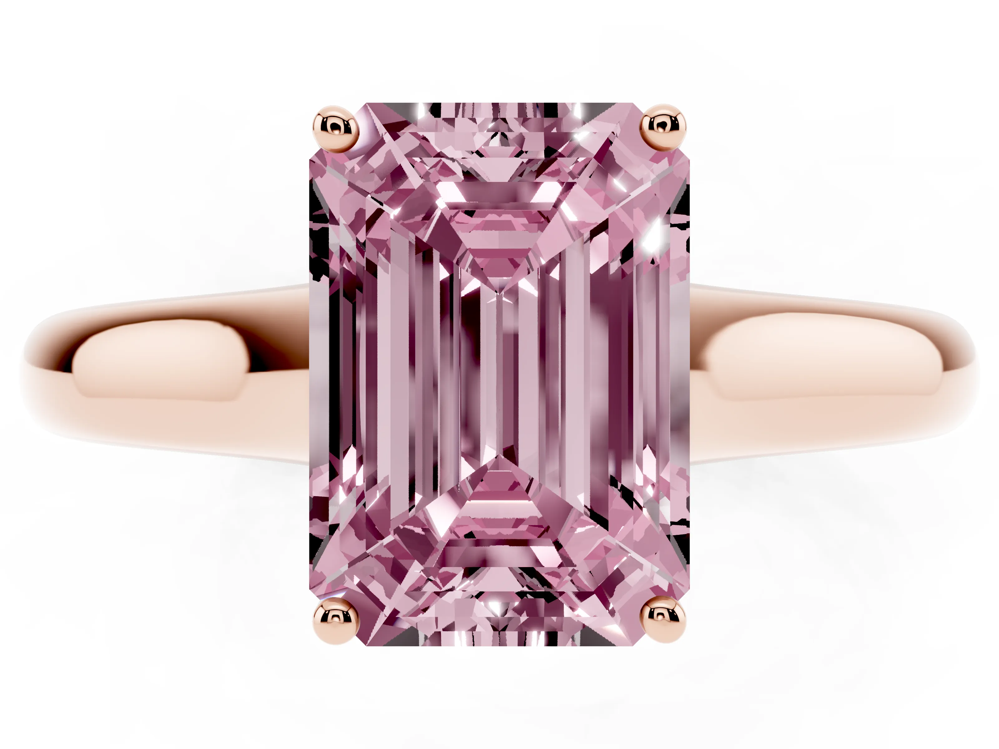 Fancy Pink Emerald Cut Diamond Solitaire Engagement Ring Set in Rose gold with Subtly Tapered Band and Prong Setting