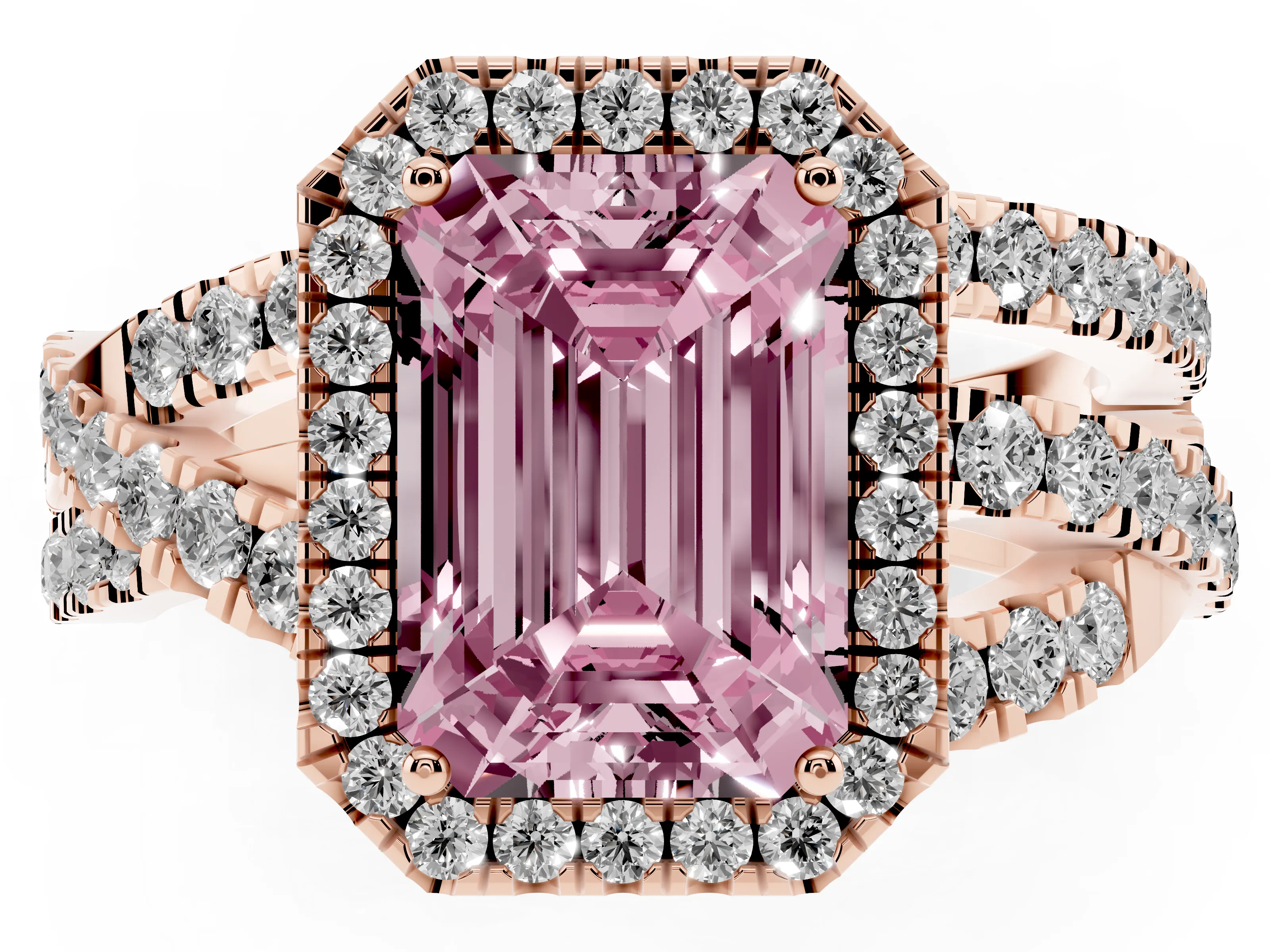 Fancy Pink Emerald Cut Diamond Halo Ring Set in Rose gold with Round Crossover Split Shank and Prong Setting