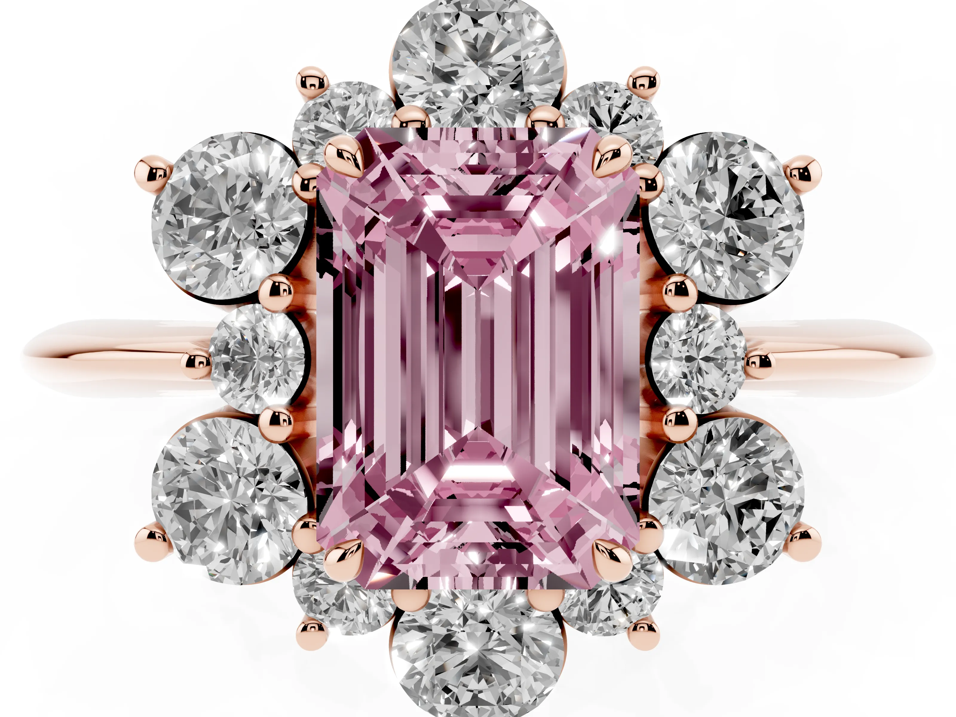 Fancy Pink Emerald Cut Diamond Cluster Halo Ring Set in Rose gold with Solitaire Band and Prong Setting