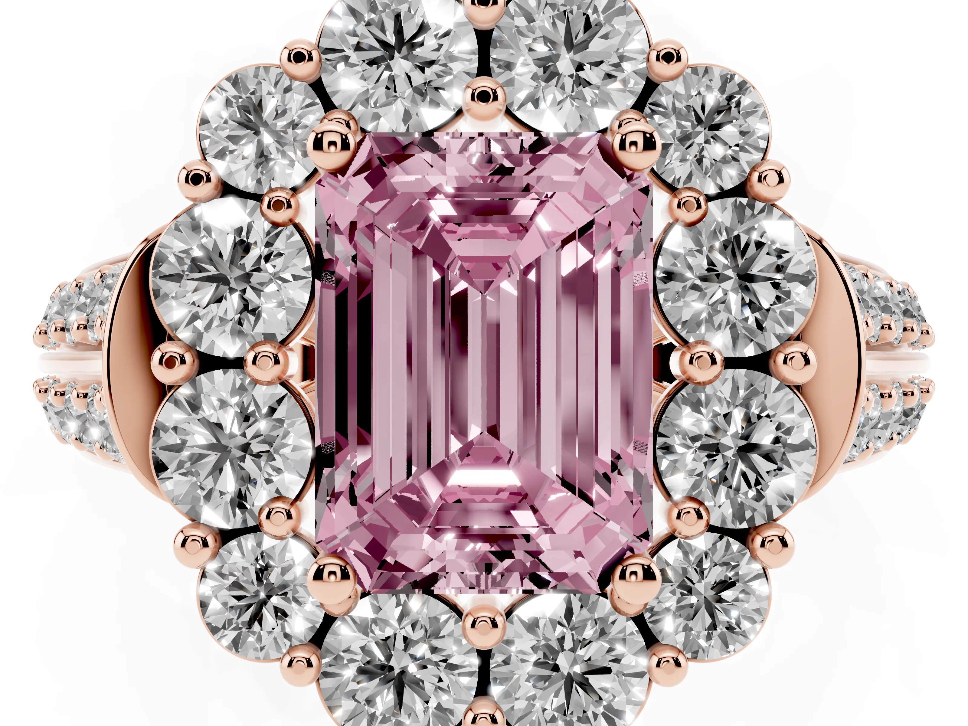 Fancy Pink Emerald Cut Diamond Halo Engagement Ring Set in Rose gold with Split Shank and Prong Setting
