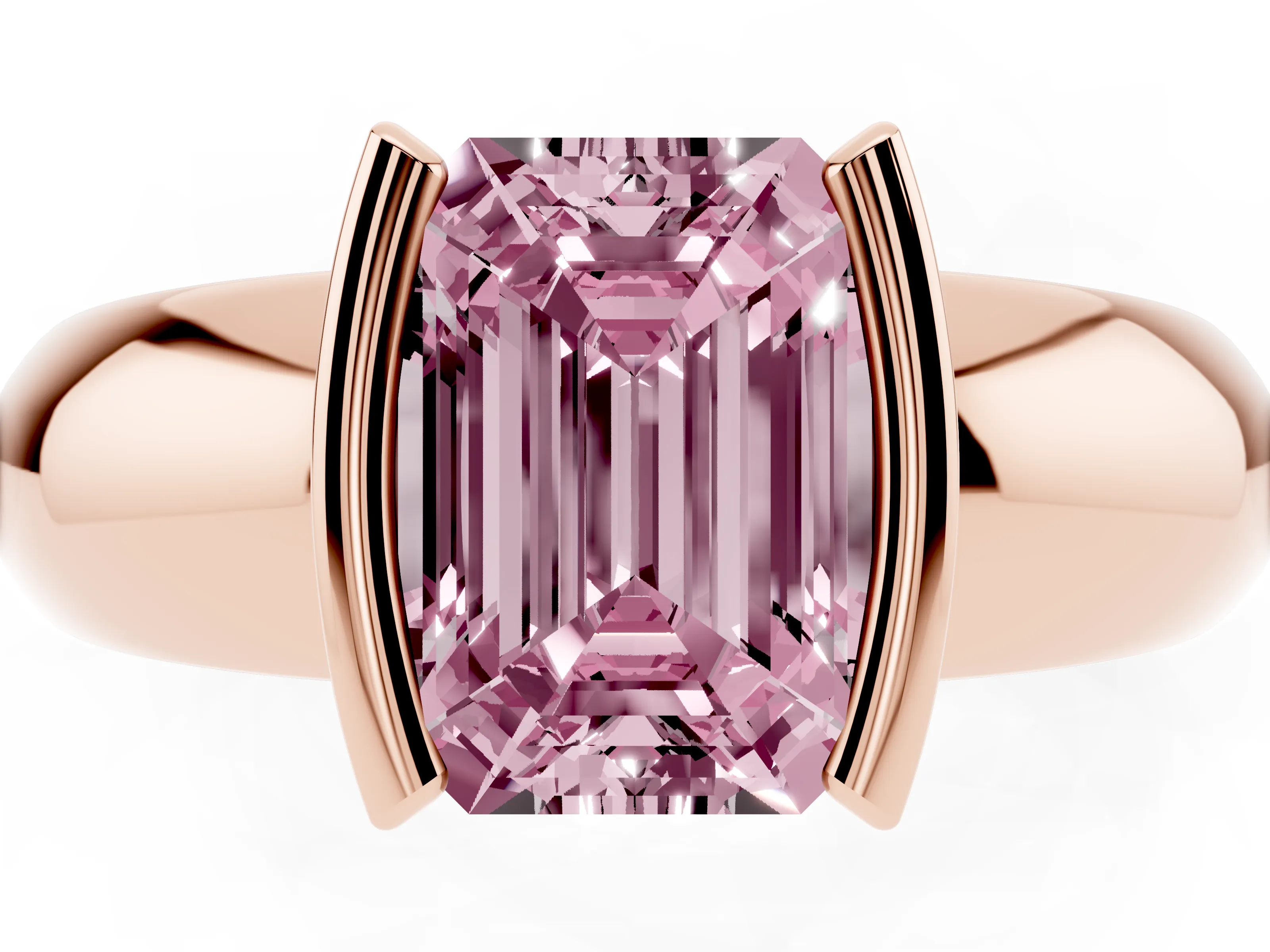 Fancy Pink Emerald Cut Diamond Solitaire Tension Set Ring Set in Rose gold with Wide Band