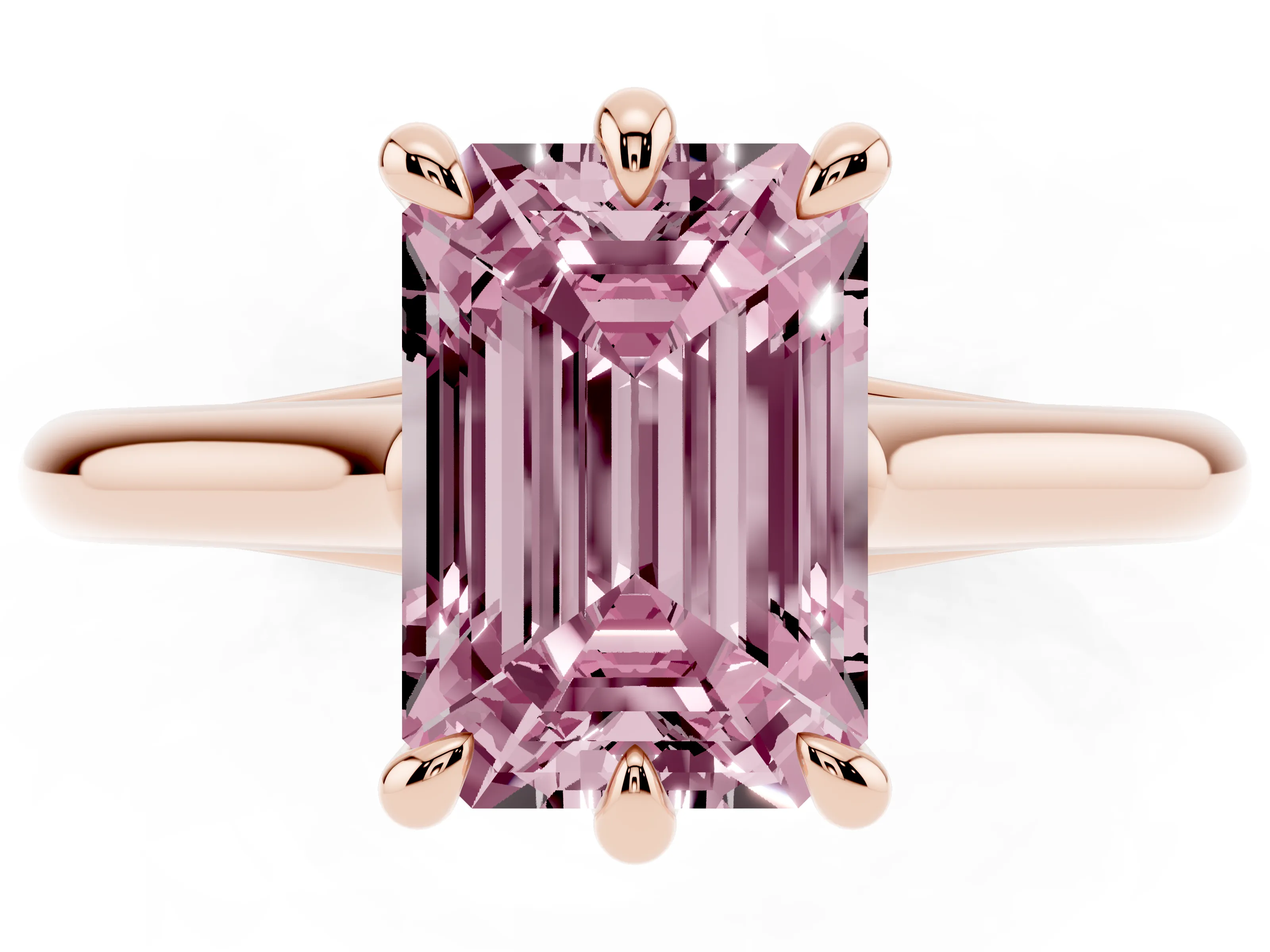 Fancy Pink Emerald Cut Diamond Solitaire Engagement Ring Set in Rose gold with Prong Setting and Plain Classic Band