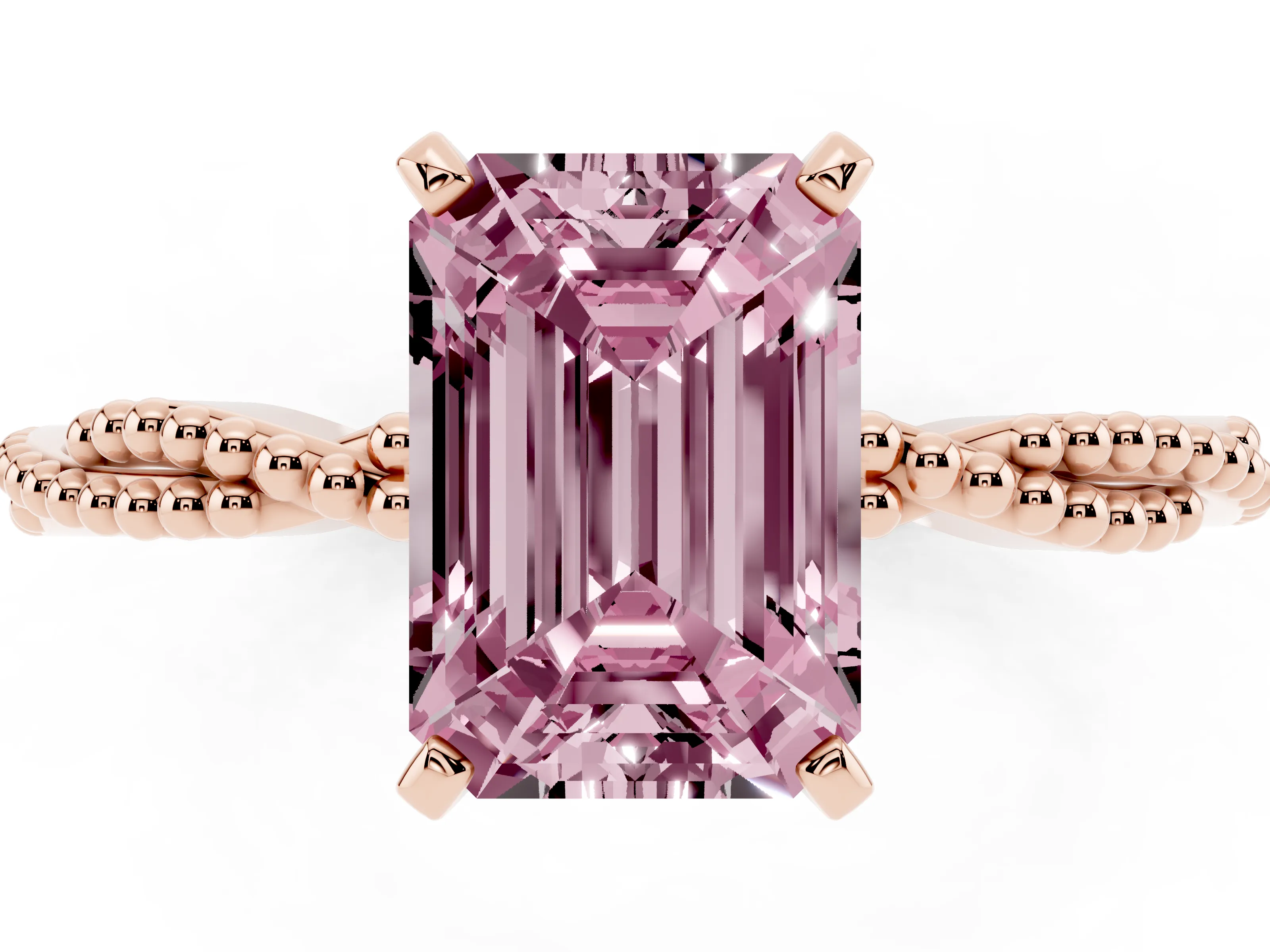 Fancy Pink Emerald Cut Diamond Solitaire Ring Set in Rose gold with Twisted Band and Bead Prong Setting