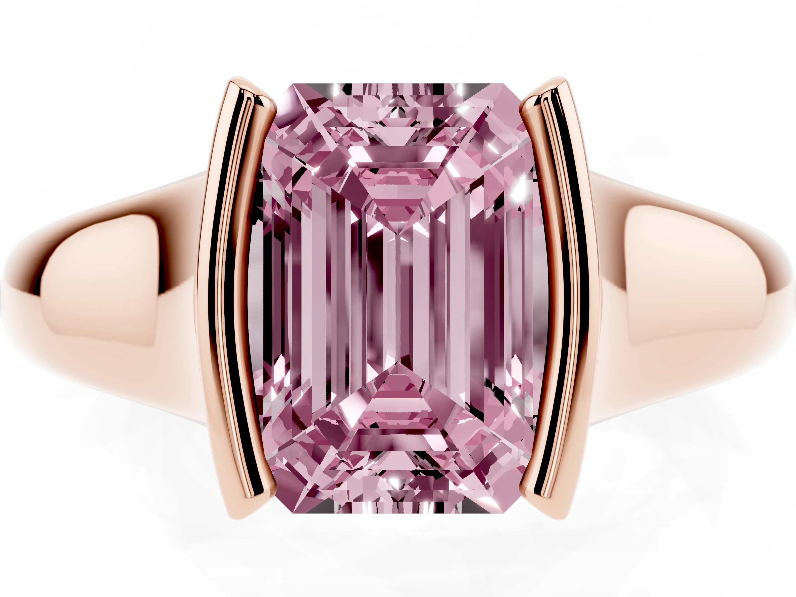 Fancy Pink Emerald Cut Diamond Solitaire Tension Set Ring Set in Rose gold with Split Shank Band
