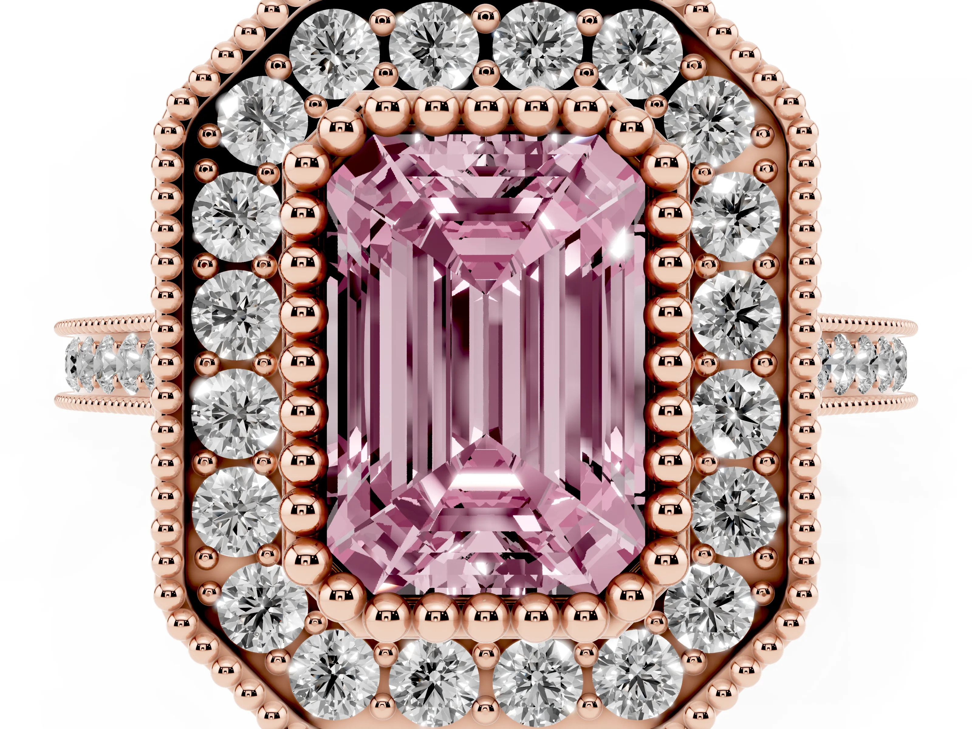 Fancy Pink Emerald Cut Diamond Halo Ring Set in Rose gold with Milgrain Frame and Pavé Band