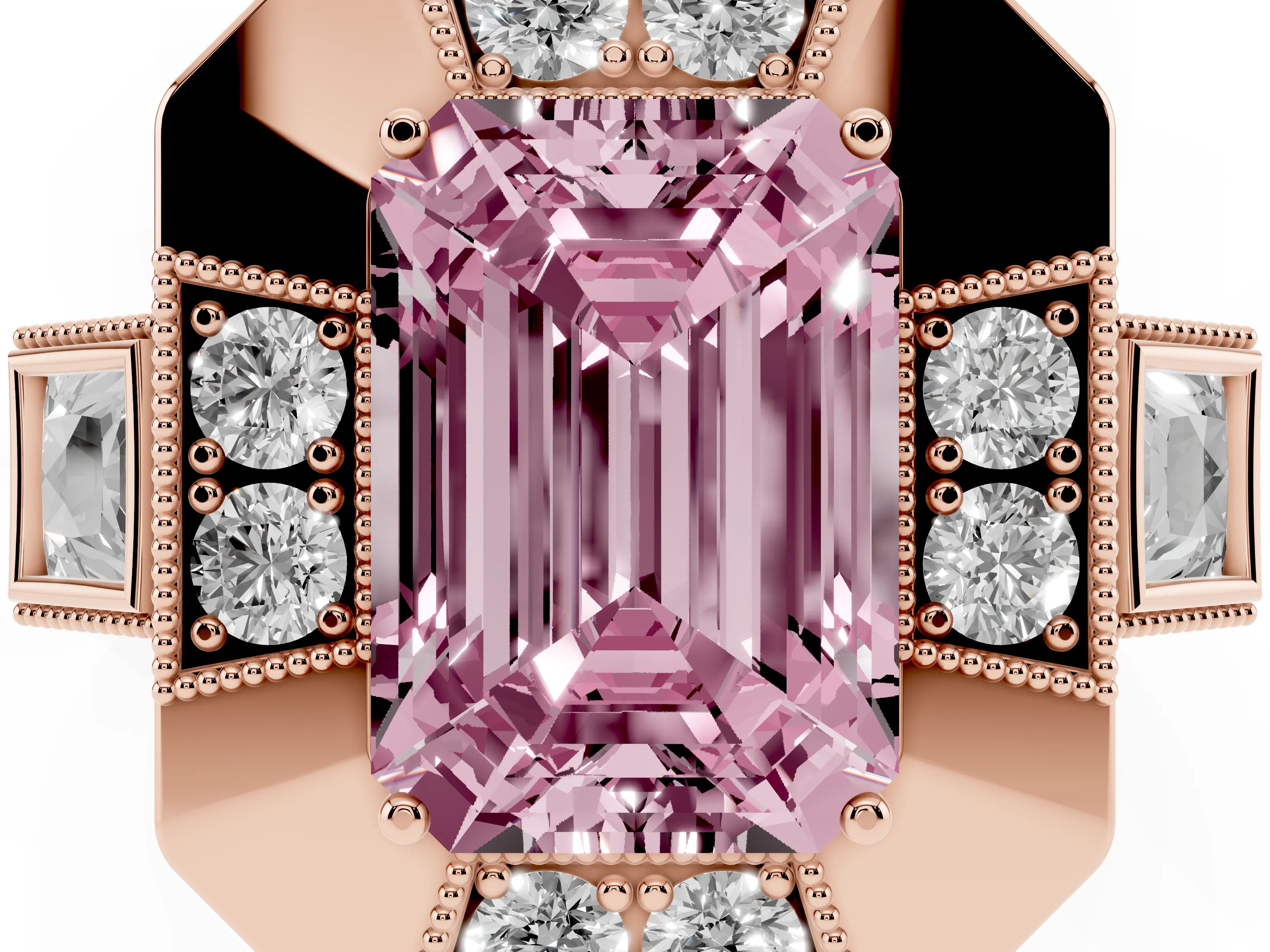 Fancy Pink Emerald Cut Diamond Milgrain Halo Ring Set in Rose gold with Split Shank