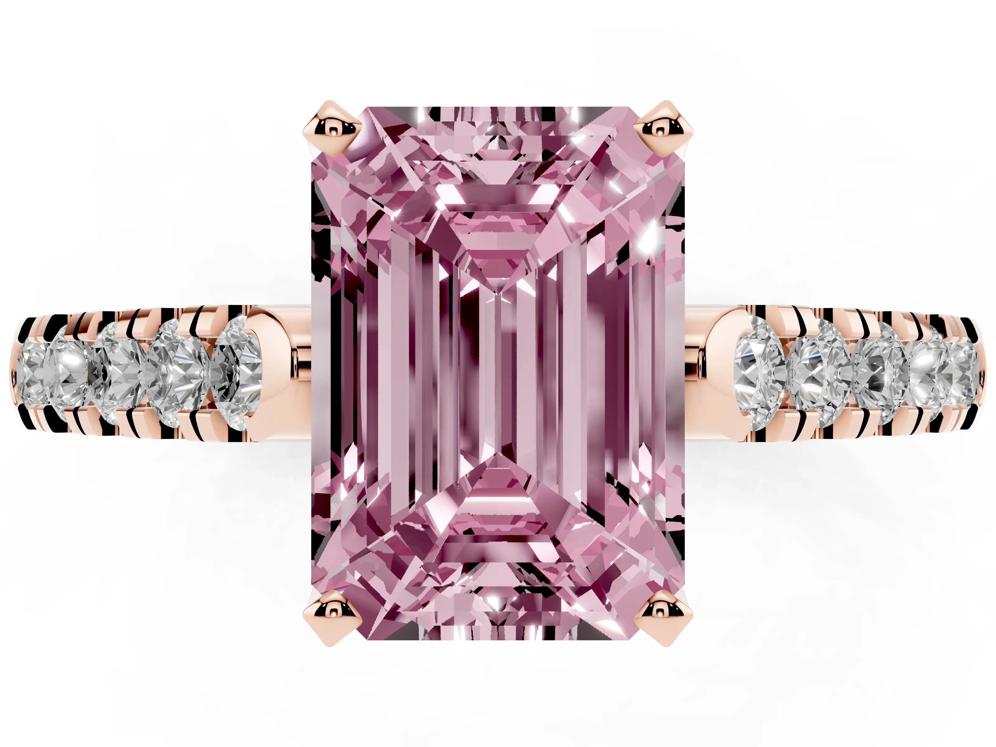 Fancy Pink Emerald Cut Diamond Pavé Band Solitaire Ring Set in Rose gold with Partway Accent Stones and Prong Setting