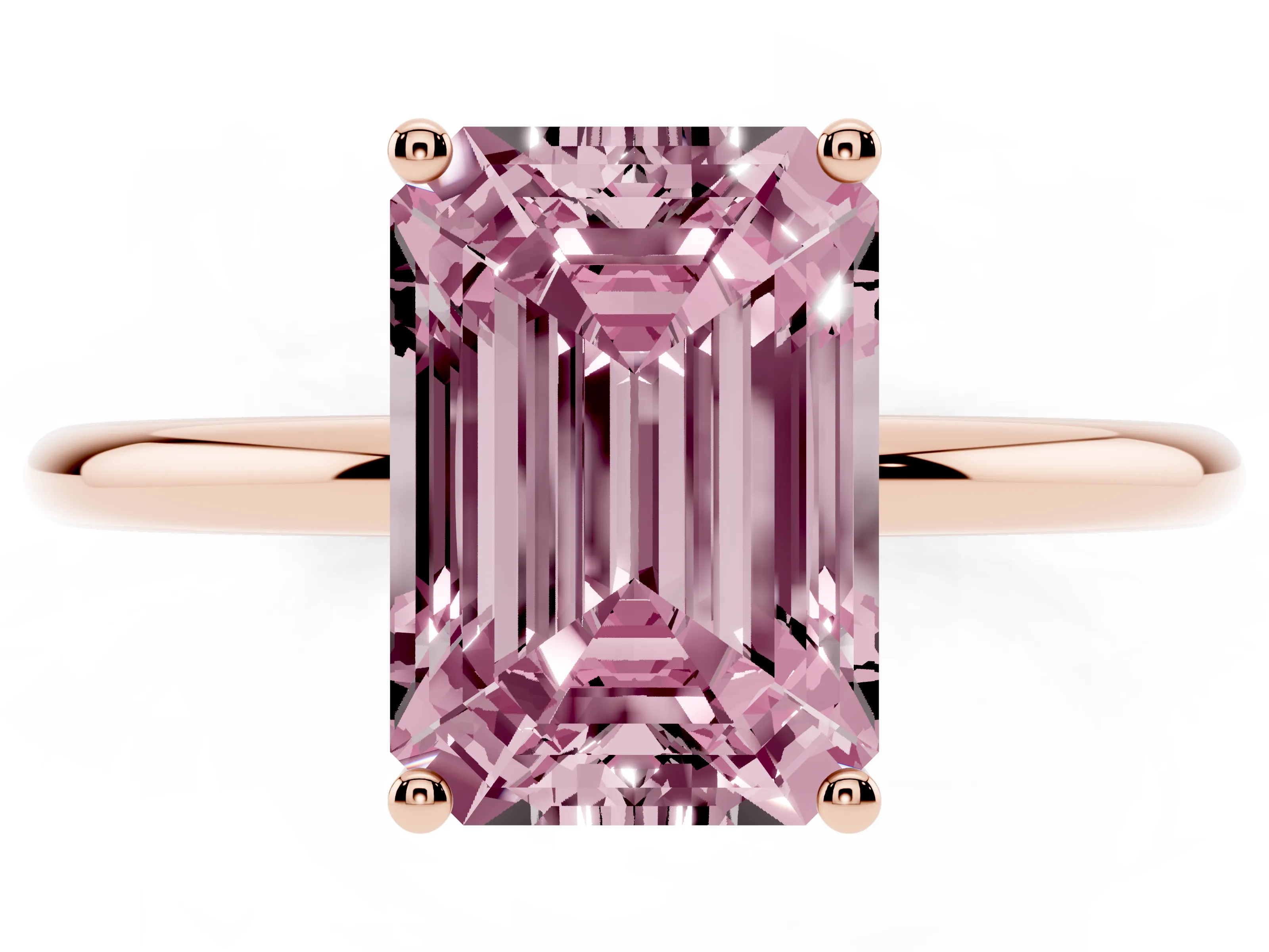 Fancy Pink Emerald Cut Diamond Solitaire Engagement Ring Set in Rose gold with Thin Band and Prong Setting