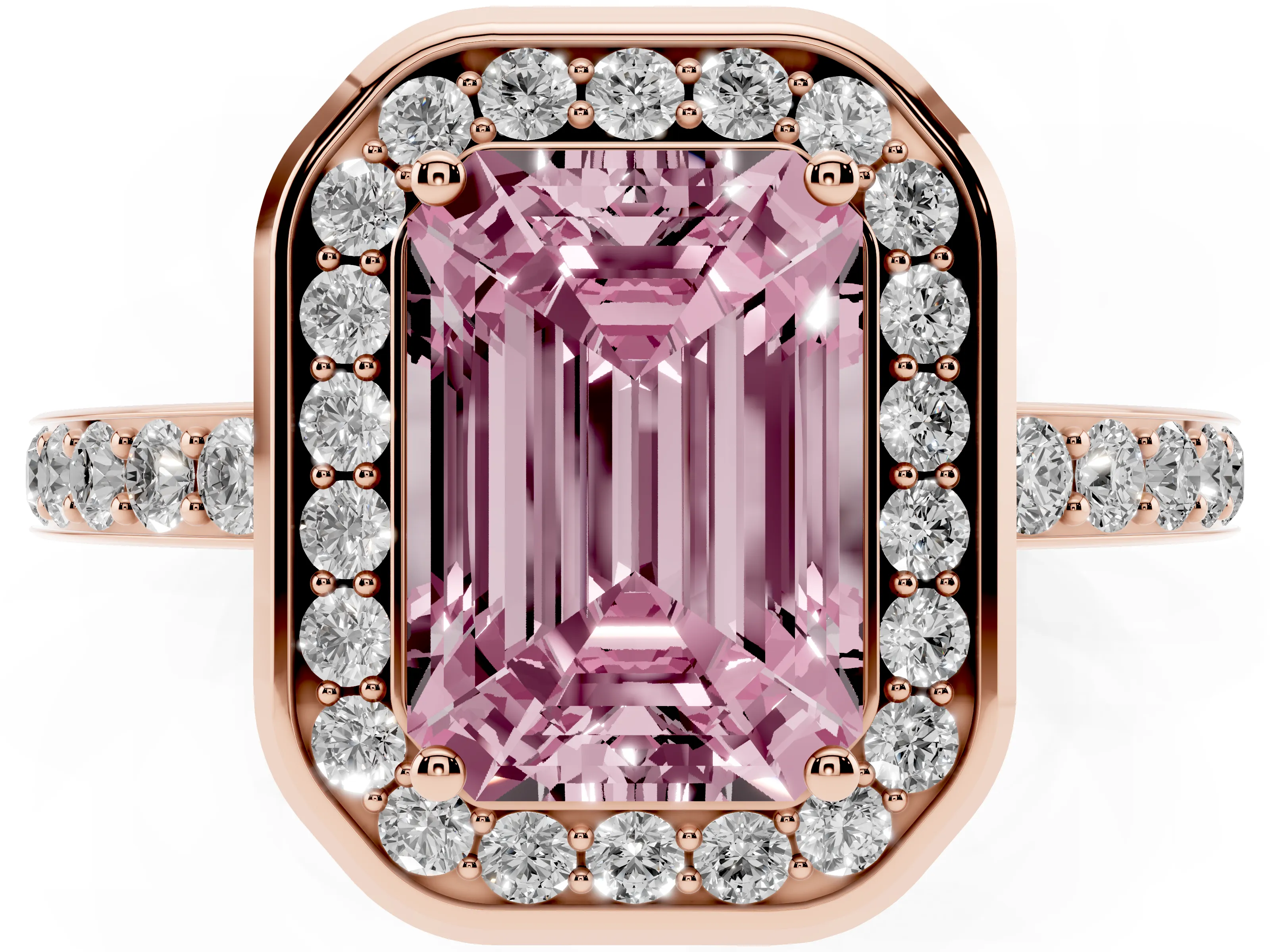 Fancy Pink Emerald Cut Diamond Halo Ring Set in Rose gold with Bezel Frame and Pavé Band