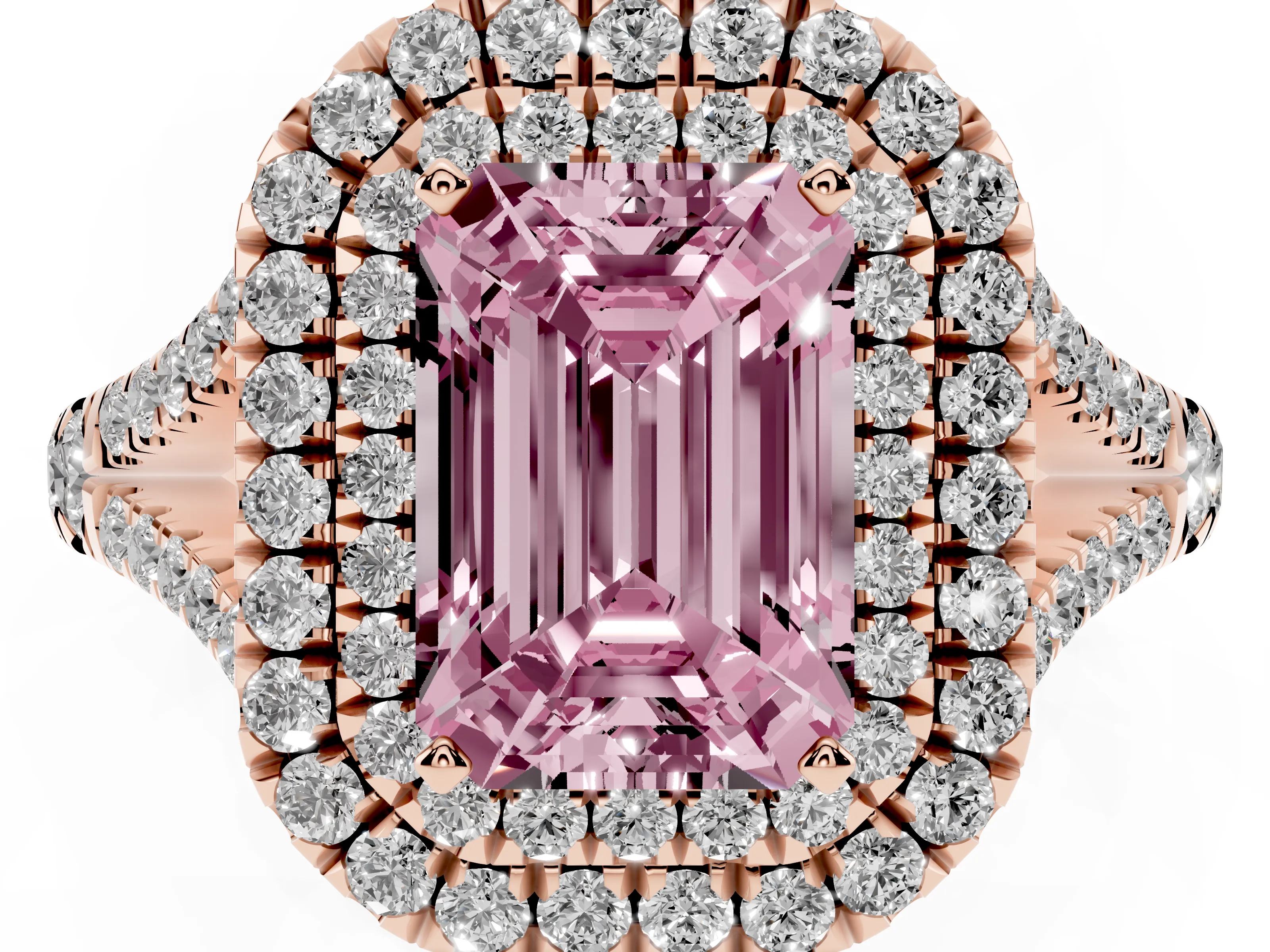 Fancy Pink Emerald Cut Diamond Pavé Split Shank Double Halo Engagement Ring Set in Rose gold