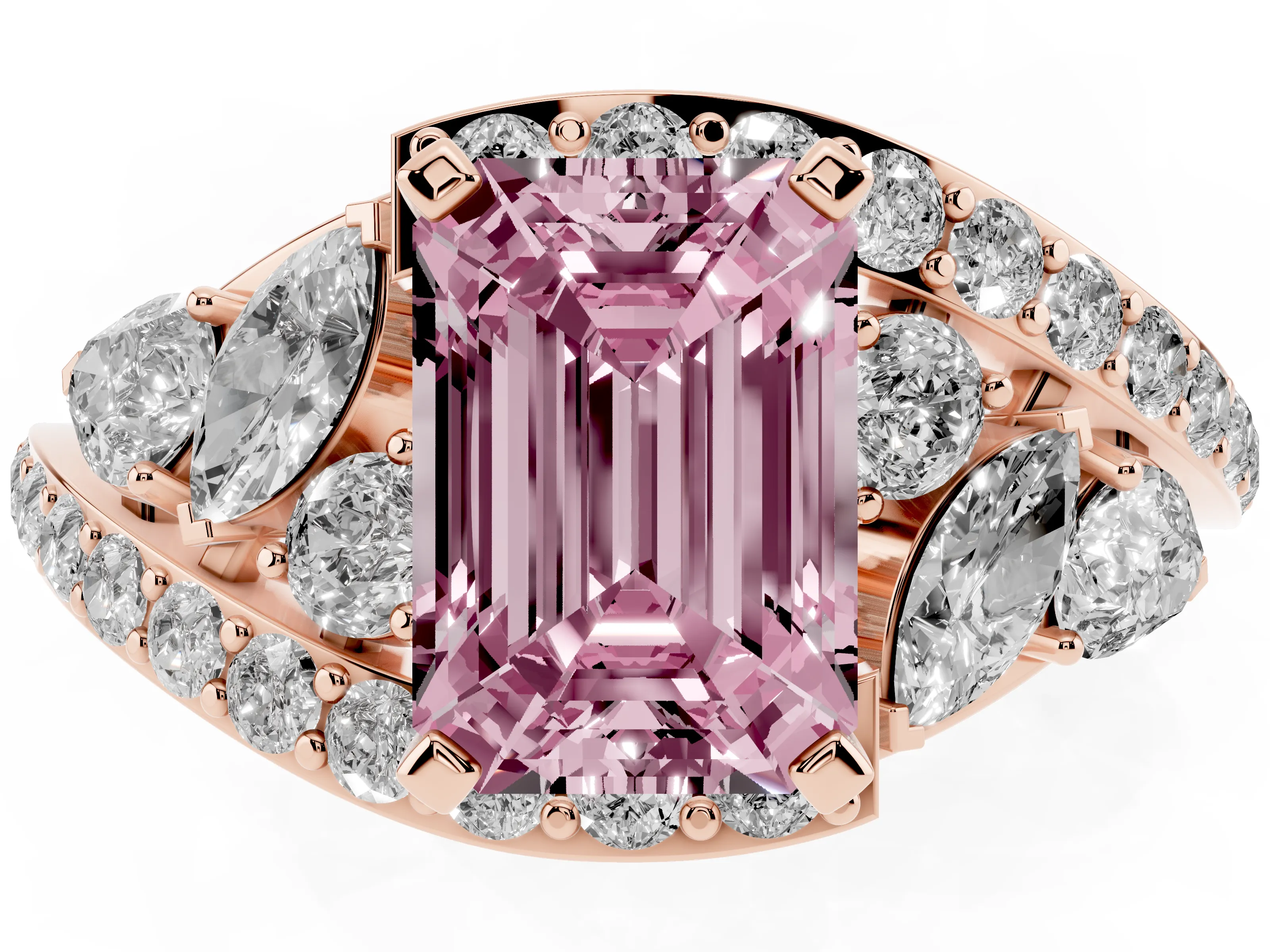 Fancy Pink Emerald Cut Diamond Halo Ring Set in Rose gold with Marquise and Pavé Band in Prong Setting