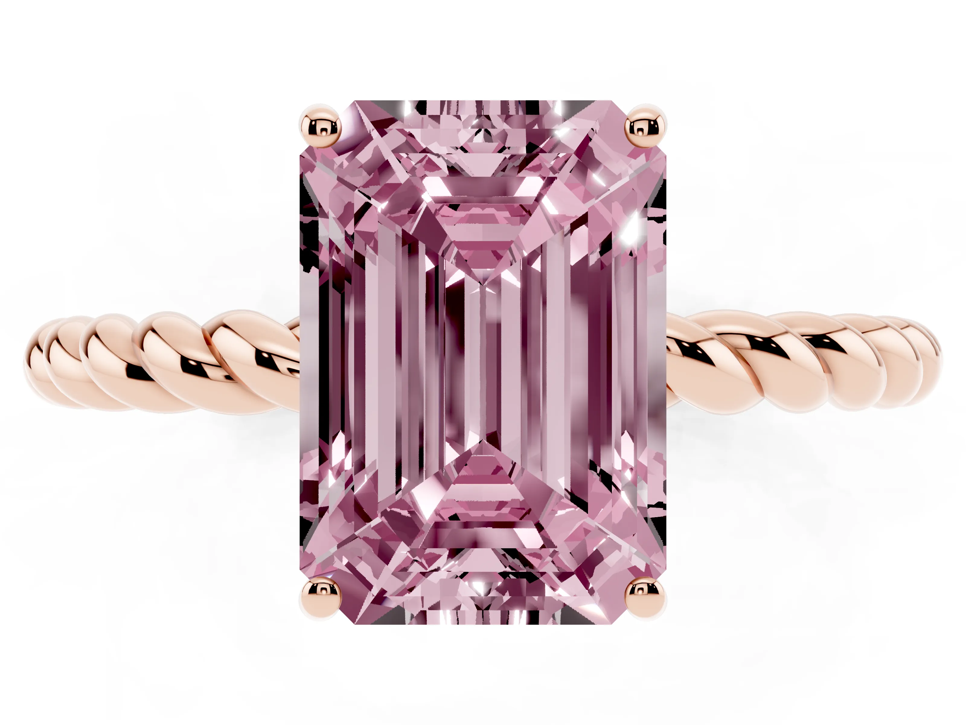 Fancy Pink Emerald Cut Diamond Solitaire Ring Set in Rose gold with Twist Band and Prong Setting