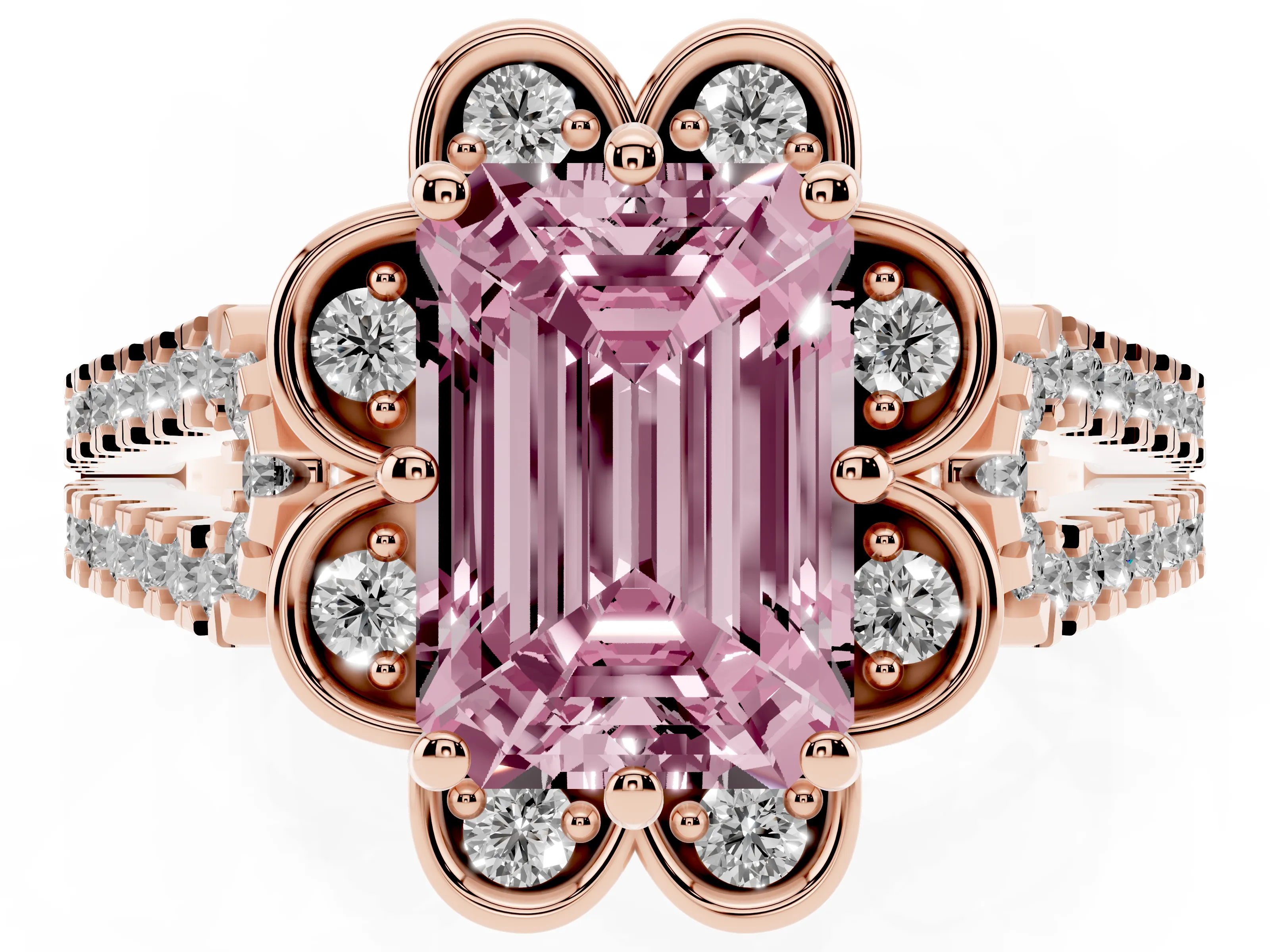 Fancy Pink Emerald Cut Diamond Floral Halo Split Shank Engagement Ring Set in Rose gold with Pavé Shank