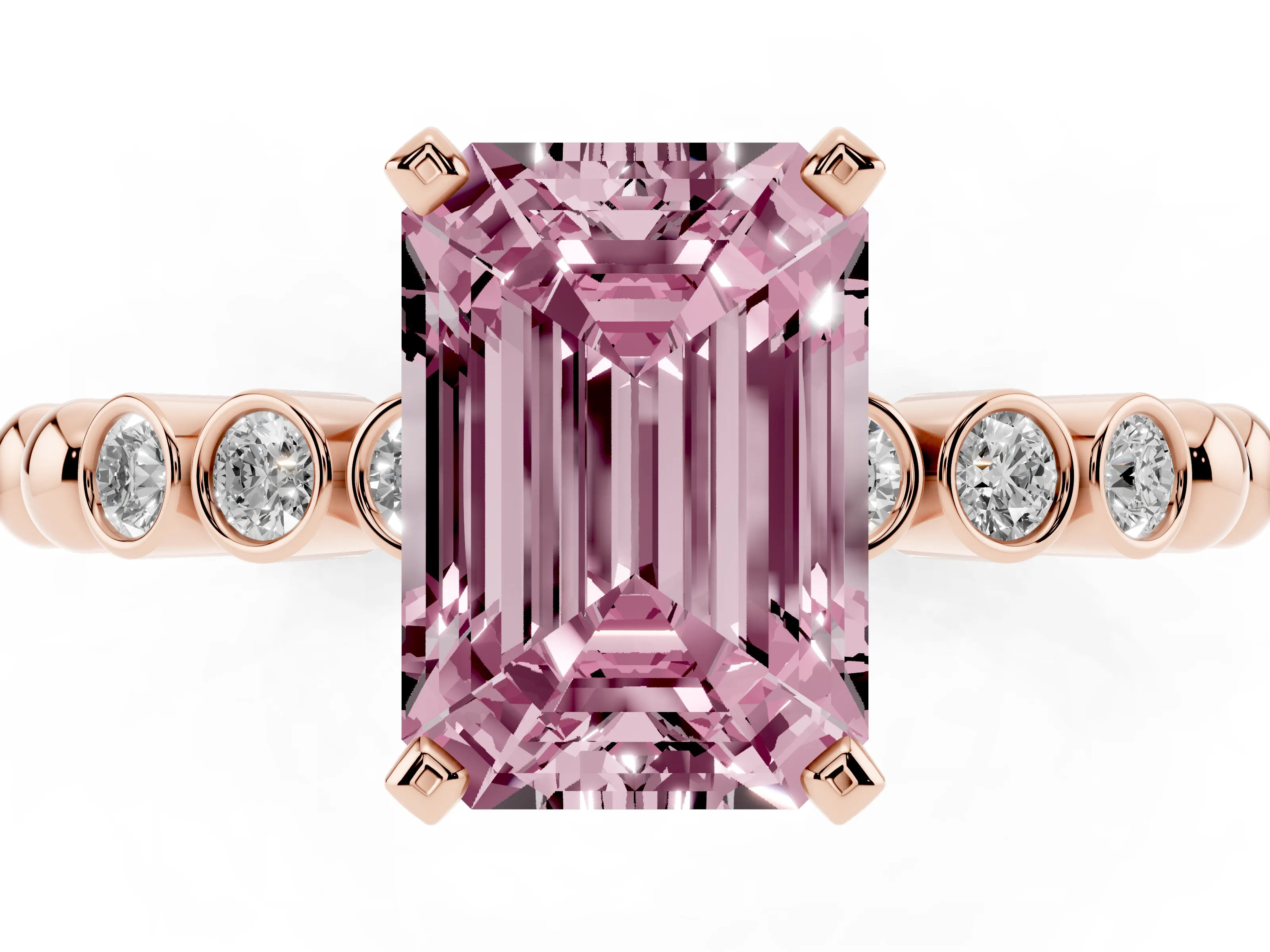 Fancy Pink Emerald Cut Diamond Solitaire Engagement Ring Set in Rose gold with Bezel Accents on Beaded Band