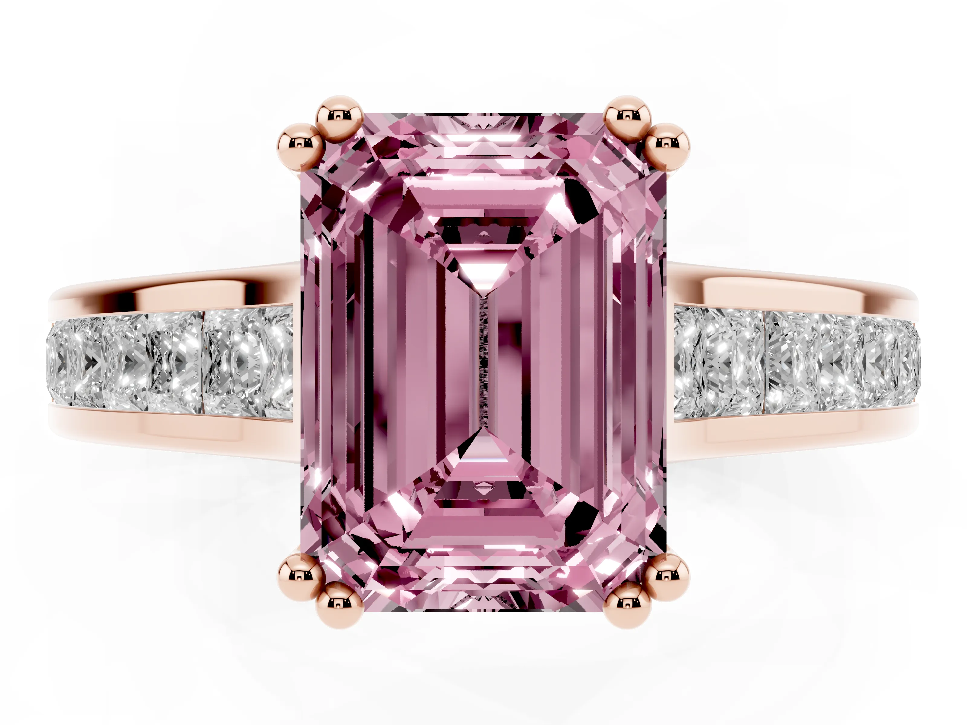 Fancy Pink Emerald Cut Diamond Channel Set Solitaire Engagement Ring Set in Rose gold with Prong Setting