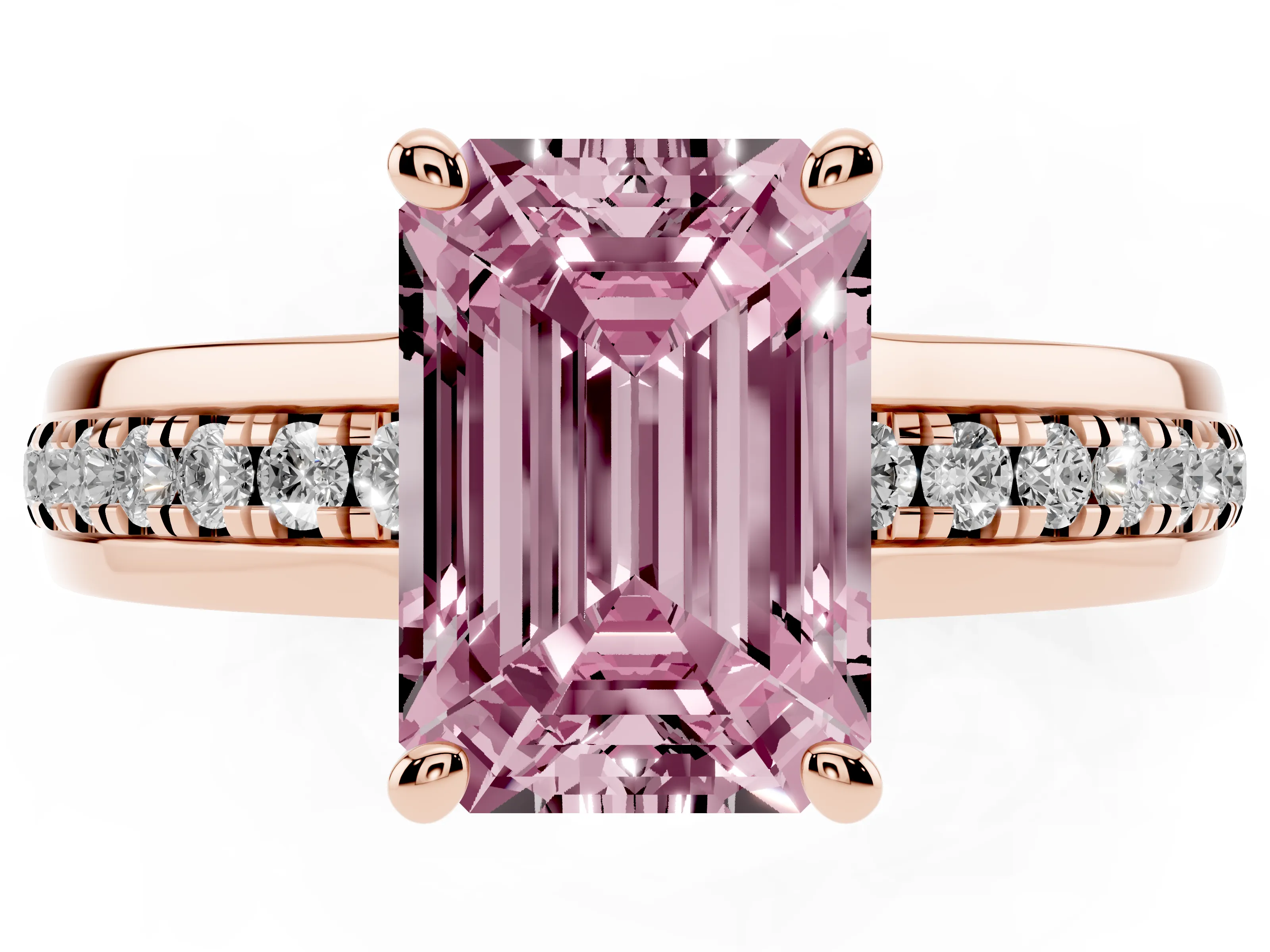 Fancy Pink Emerald Cut Diamond Solitaire Ring Set in Rose gold with Channel Set Band and Prong Setting