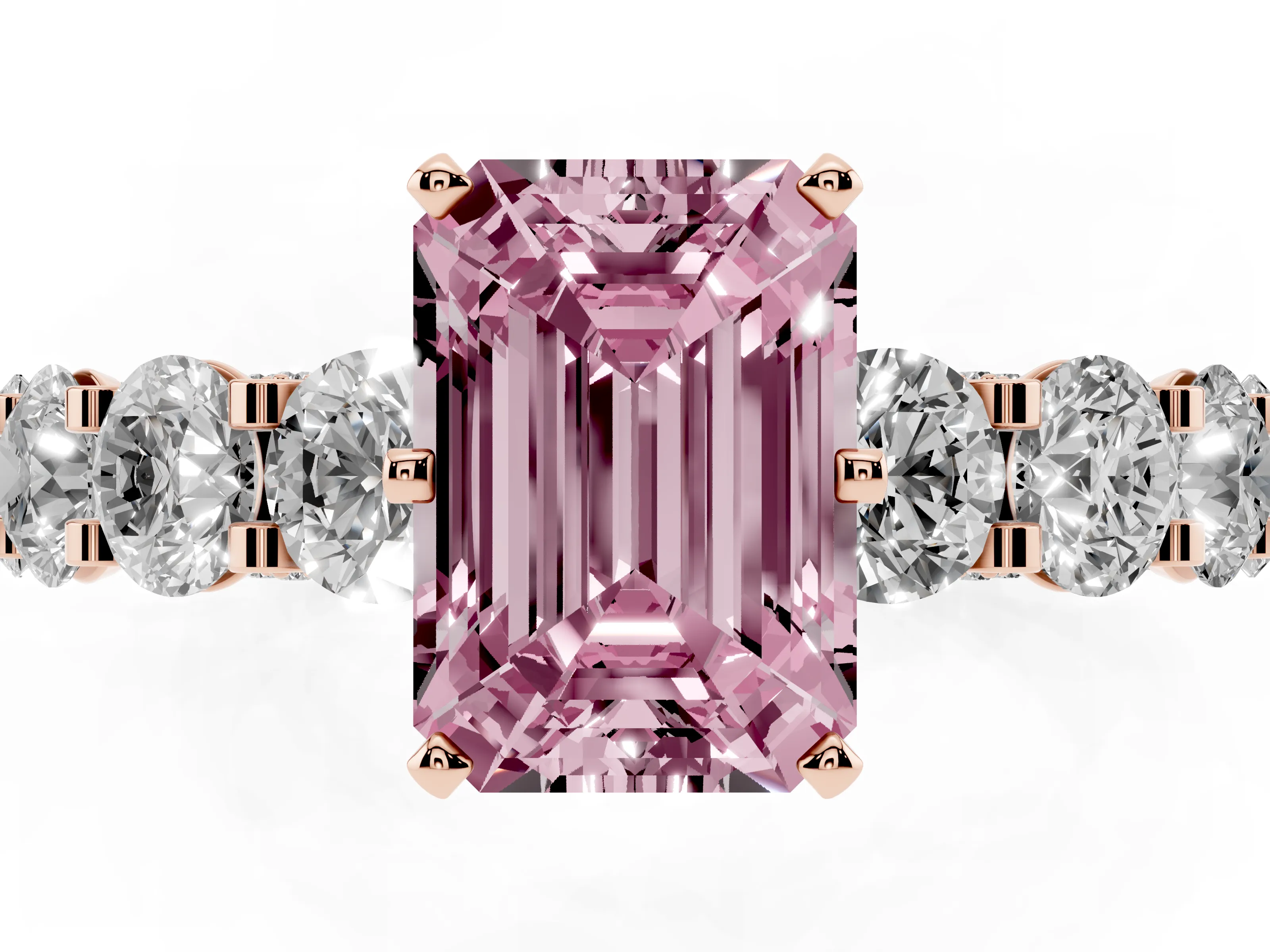 Fancy Pink Emerald Cut Diamond Side Stone Ring Set in Rose gold with Alternating Round and Oval Side Stones