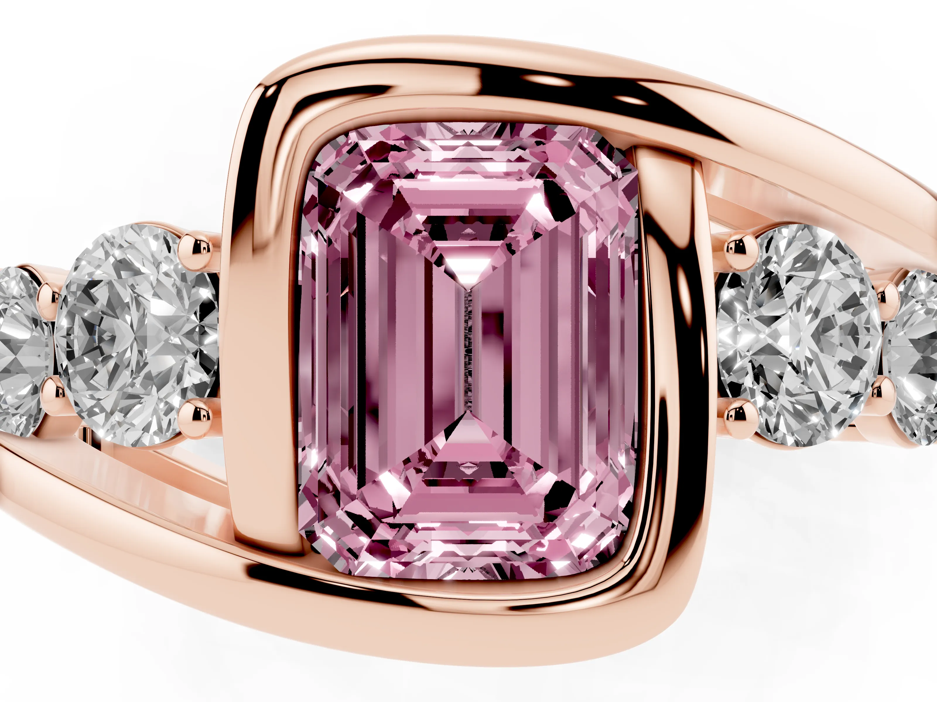 Fancy Pink Emerald Cut Diamond Bezel Bypass Ring Set in Rose gold with Round Accents