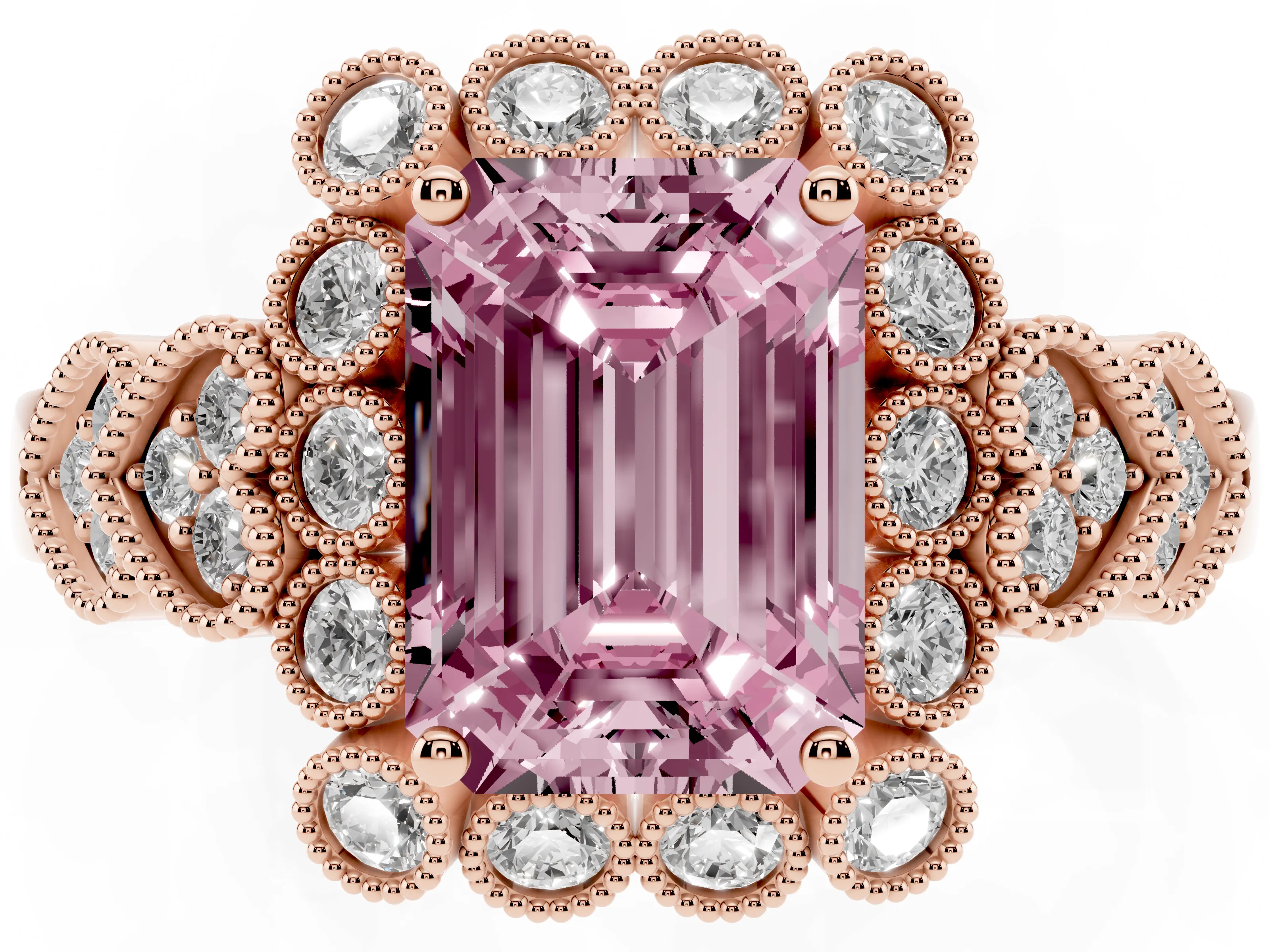 Fancy Pink Emerald Cut Diamond Solitaire Ring Set in Rose gold with Milgrain Pavé Heart Band
