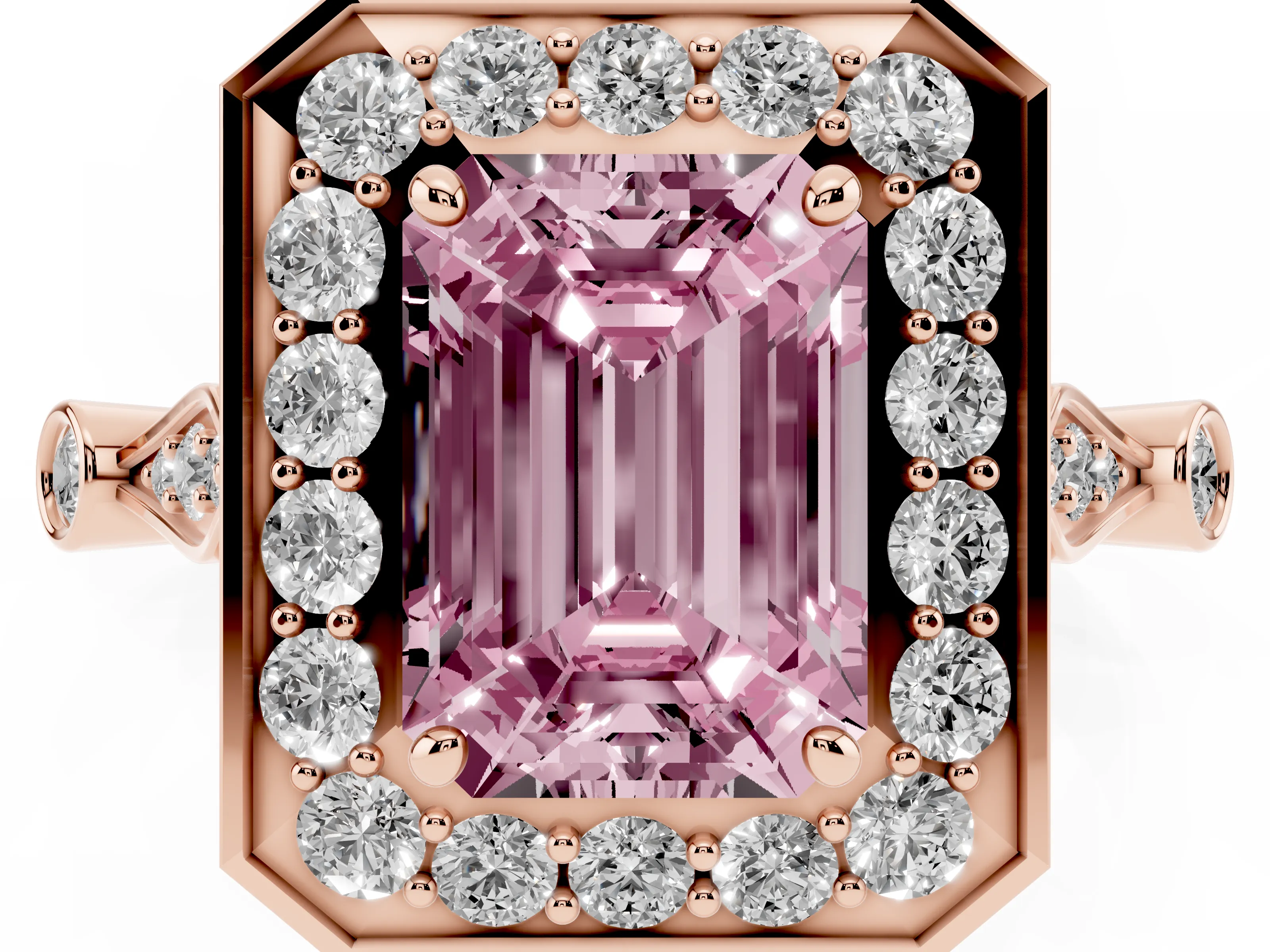 Fancy Pink Emerald Cut Diamond Halo Engagement Ring Set in Rose gold with Twisted Band and Prong Setting
