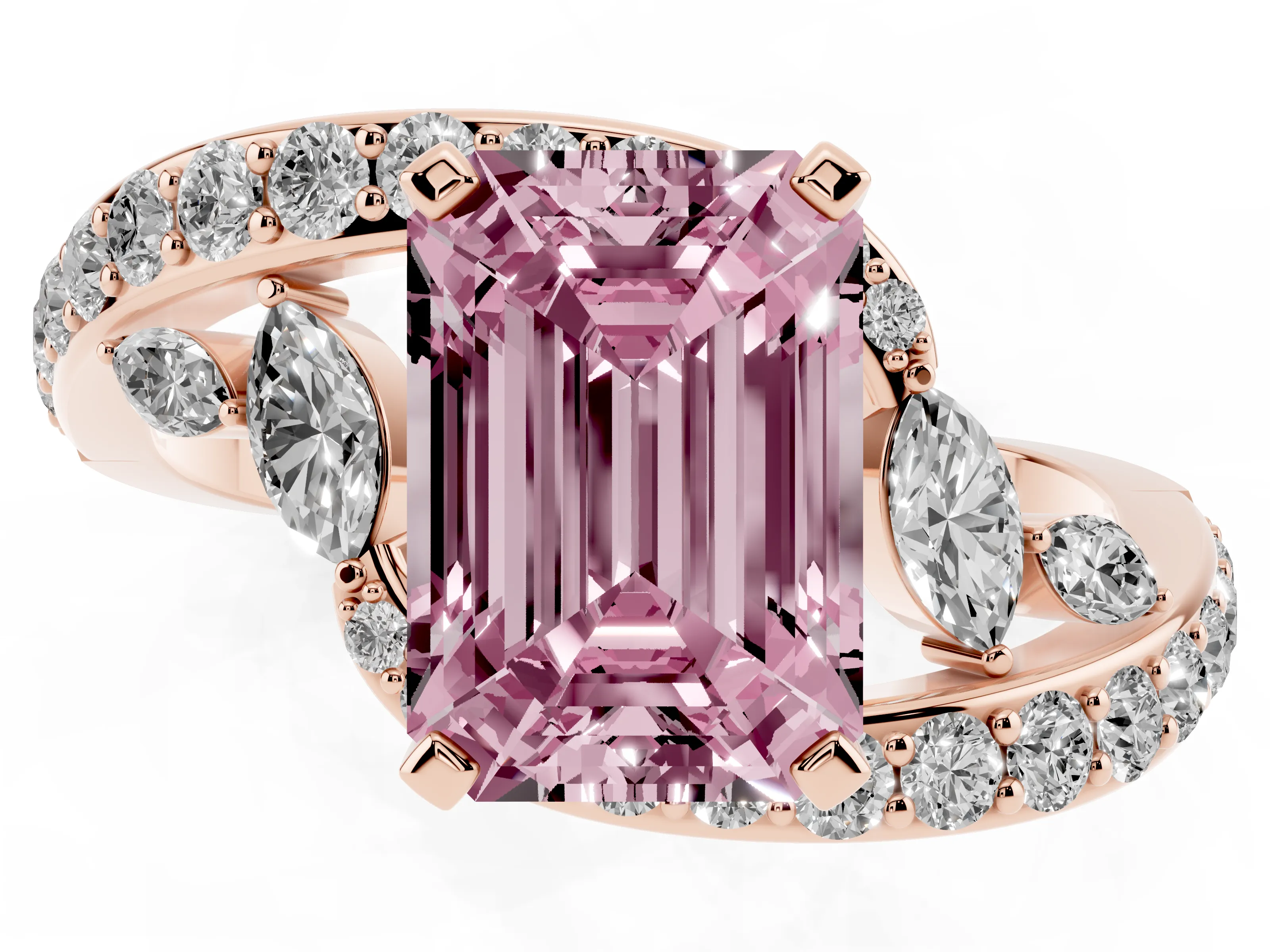 Fancy Pink Emerald Cut Diamond Solitaire Ring Set in Rose gold with Pavé Twist Band and Secure Prong Setting