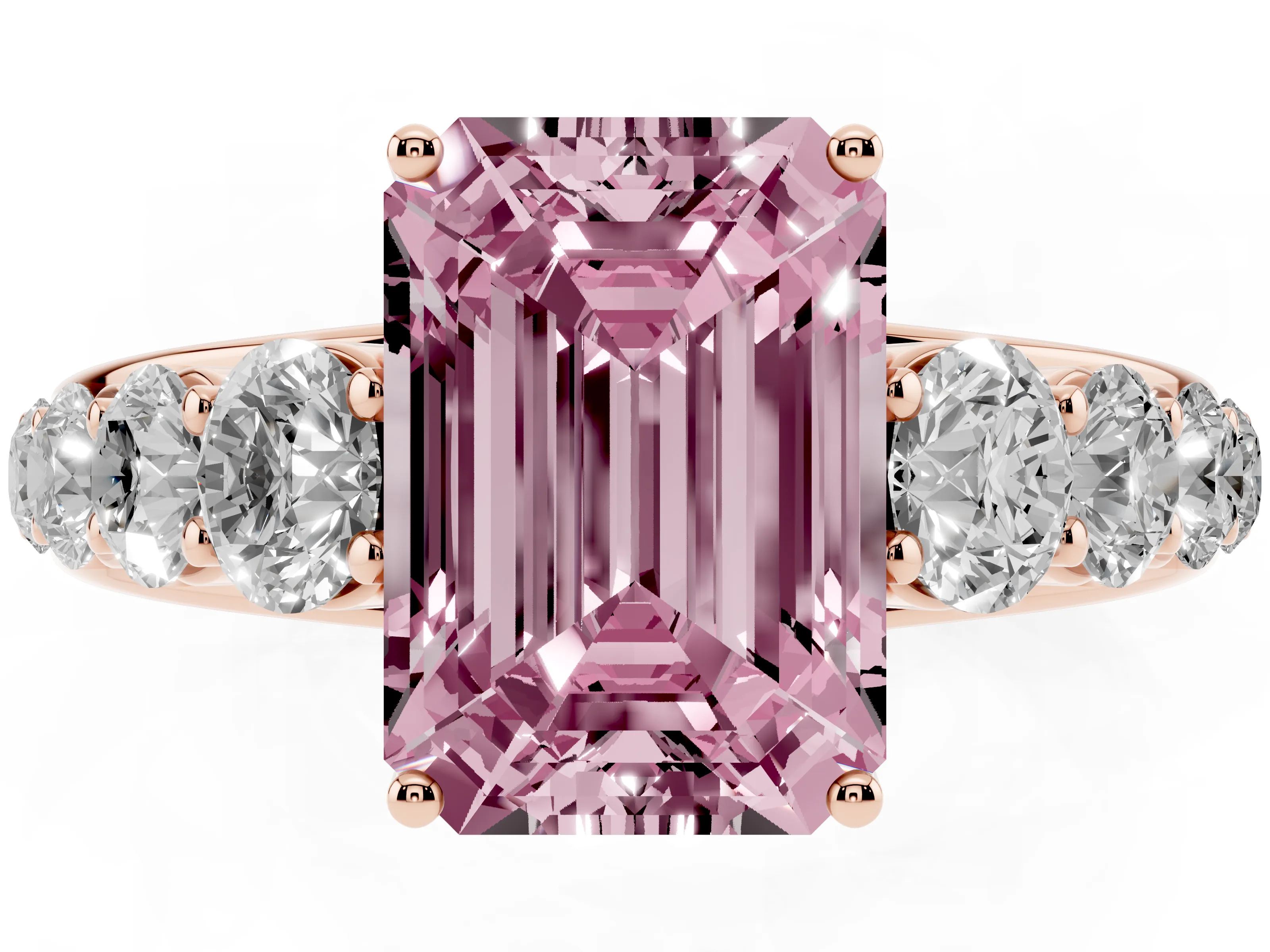 Fancy Pink Emerald Cut Diamond Solitaire Ring Set in Rose gold with Pavé-Set Band and Prong Setting