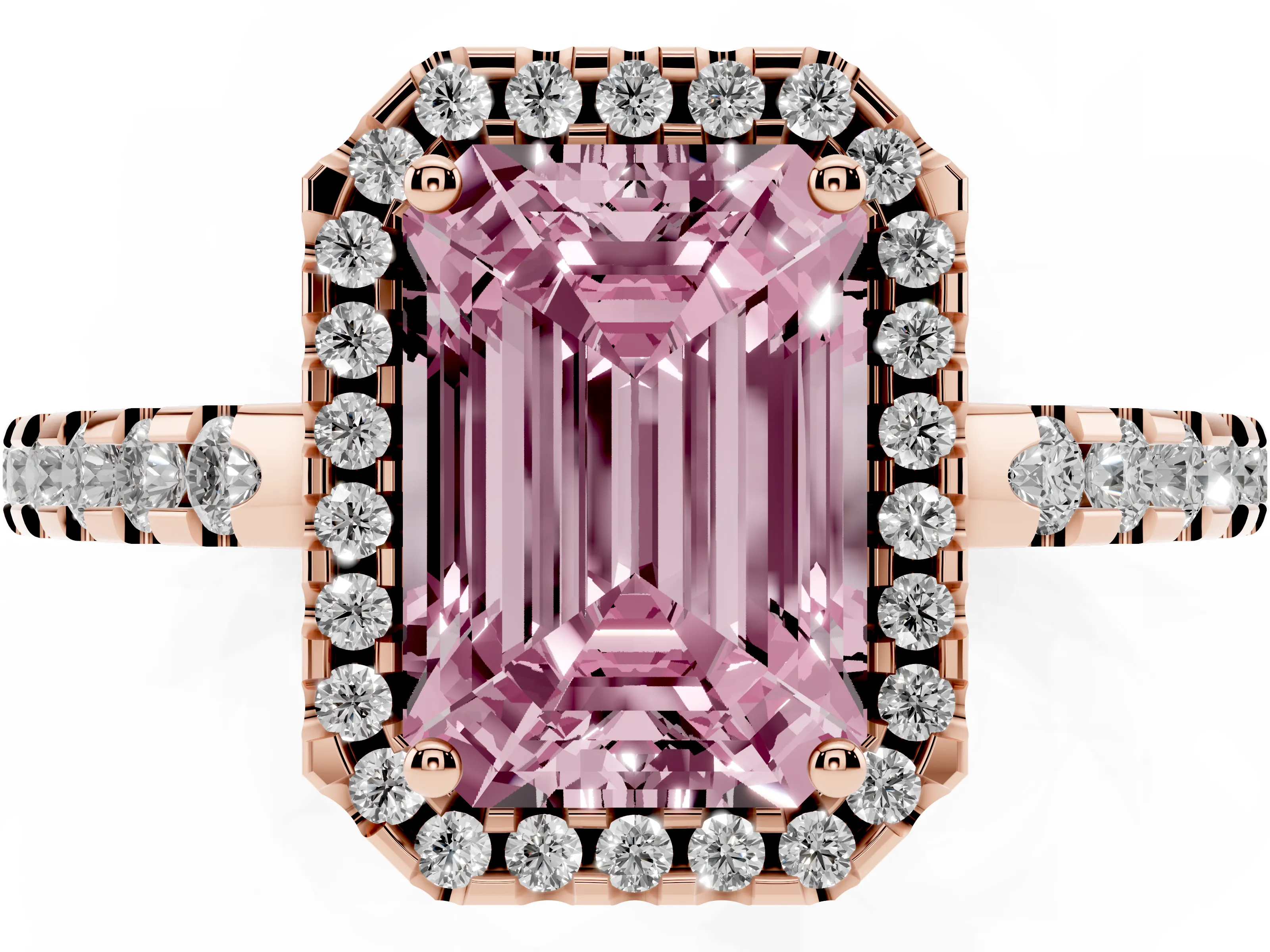 Fancy Pink Emerald Cut Diamond Halo Ring Set in Rose gold with Pavé Shoulders and Halo-Framed Center