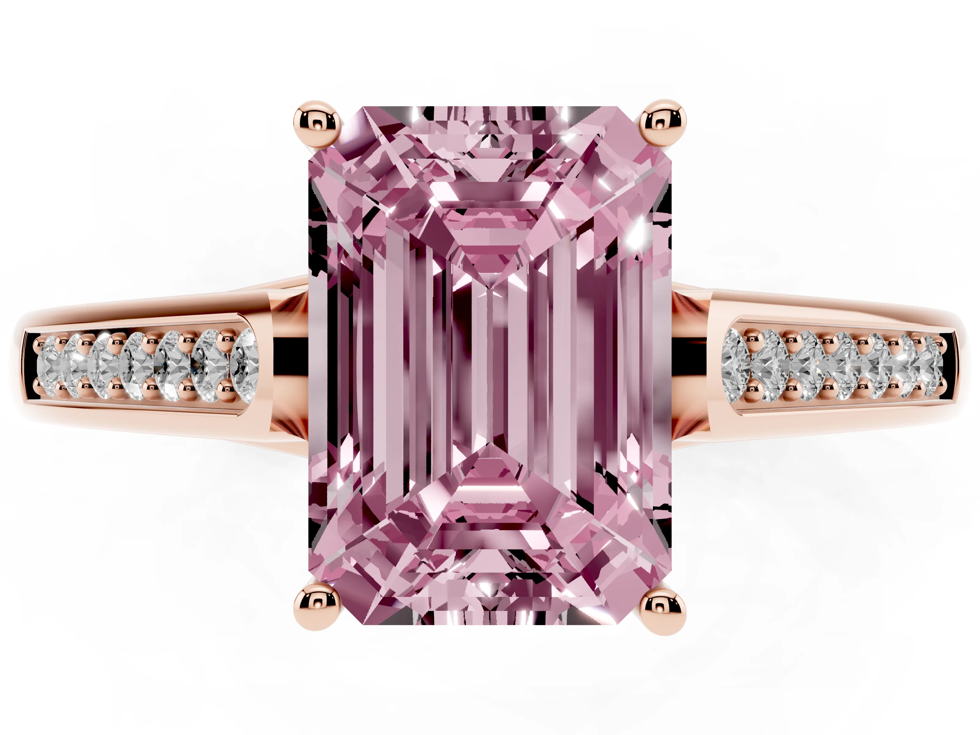 Fancy Pink Emerald Cut Diamond Solitaire Cathedral Engagement Ring Set in Rose gold with Channel-Set Band and Prong Setting