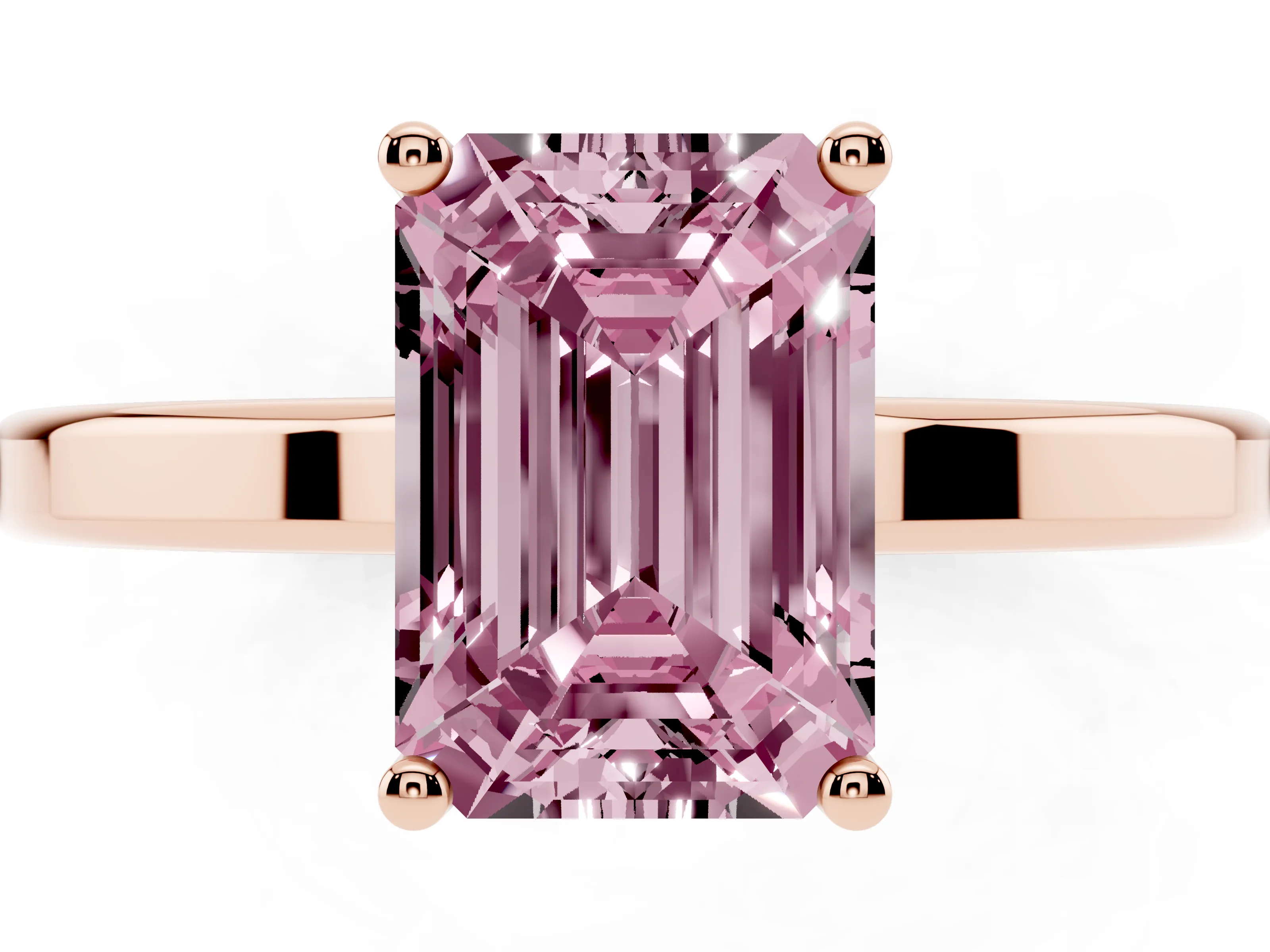 Fancy Pink Emerald Cut Diamond Solitaire Engagement Ring Set in Rose gold with Prong Setting on a Plain Band