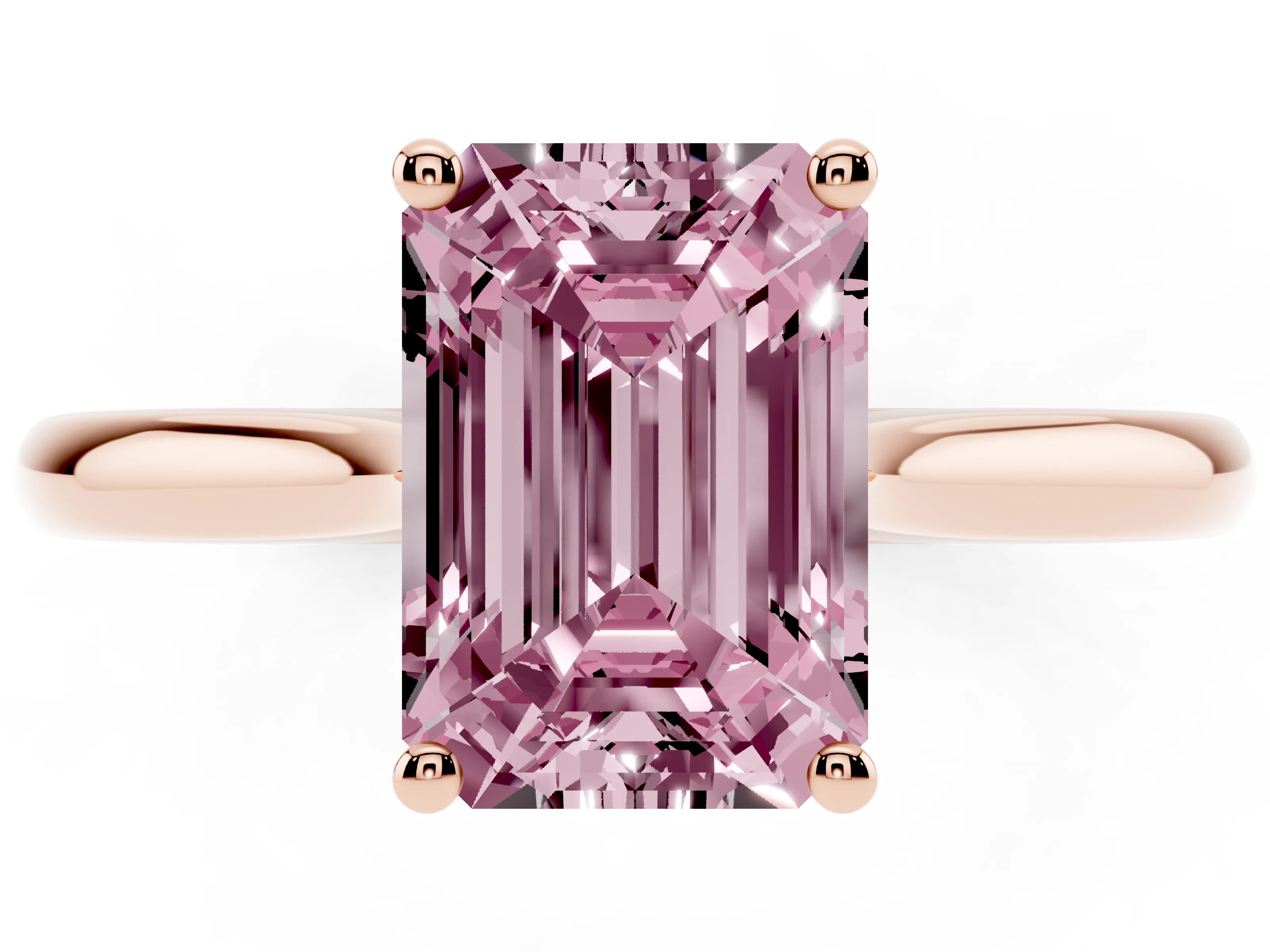 Fancy Pink Emerald Cut Diamond Solitaire Ring Set in Rose gold with Cathedral Band and Prong Setting