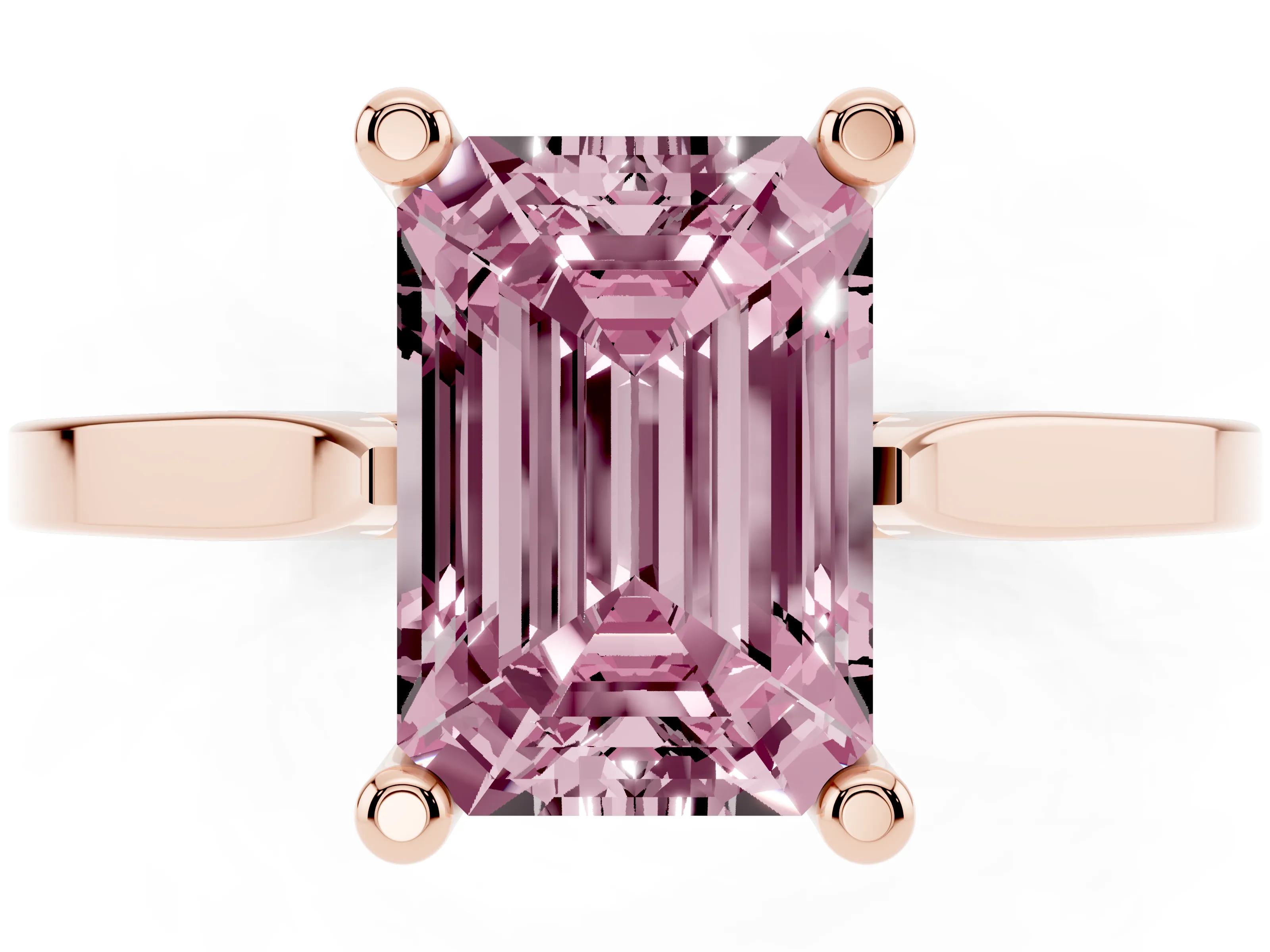 Fancy Pink Emerald Cut Diamond Solitaire Ring Set in Rose gold with Prong Setting and Tapered Band