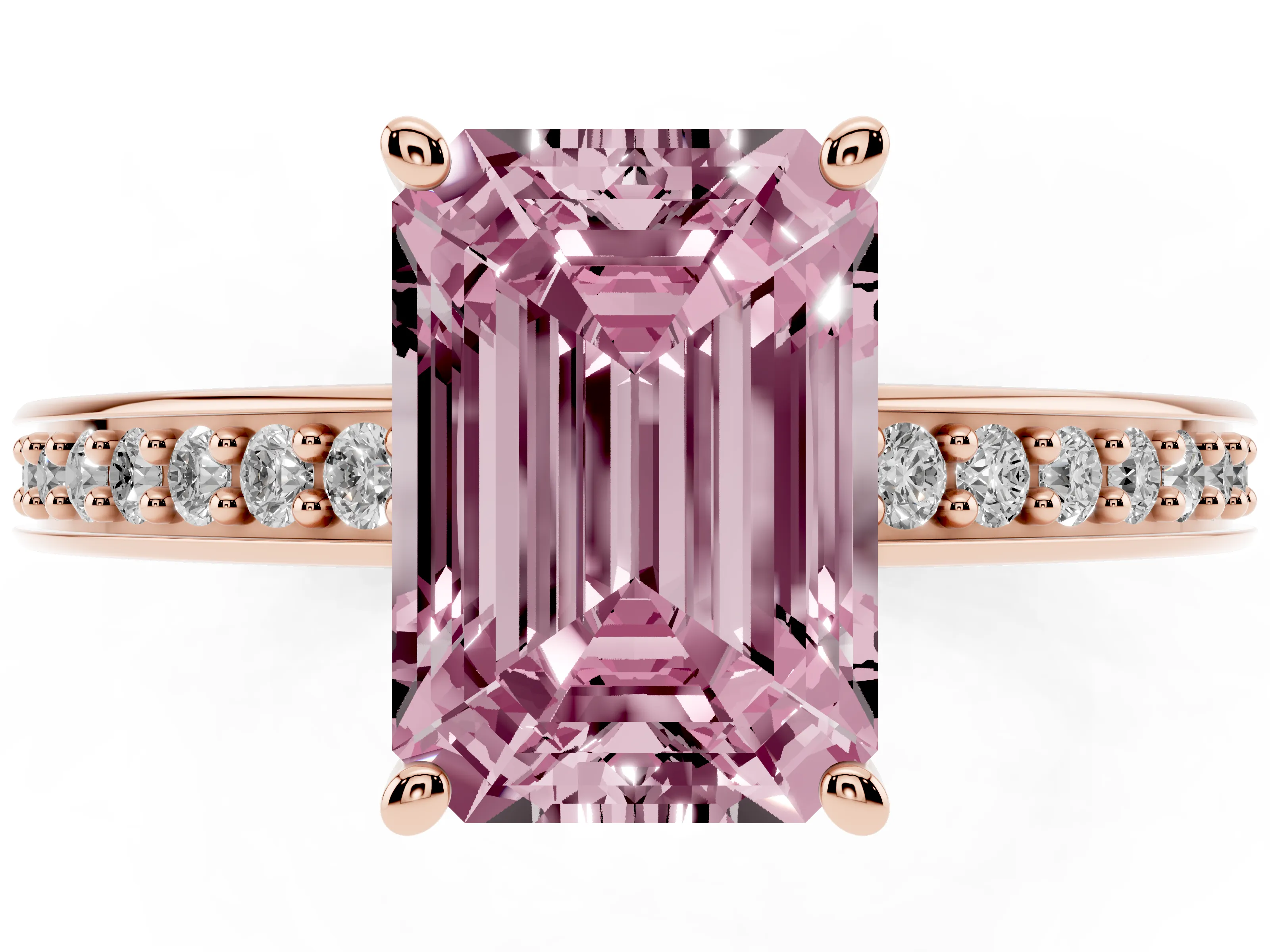 Fancy Pink Emerald Cut Diamond Pavé Band Prong Set Solitaire Ring Set in Rose gold