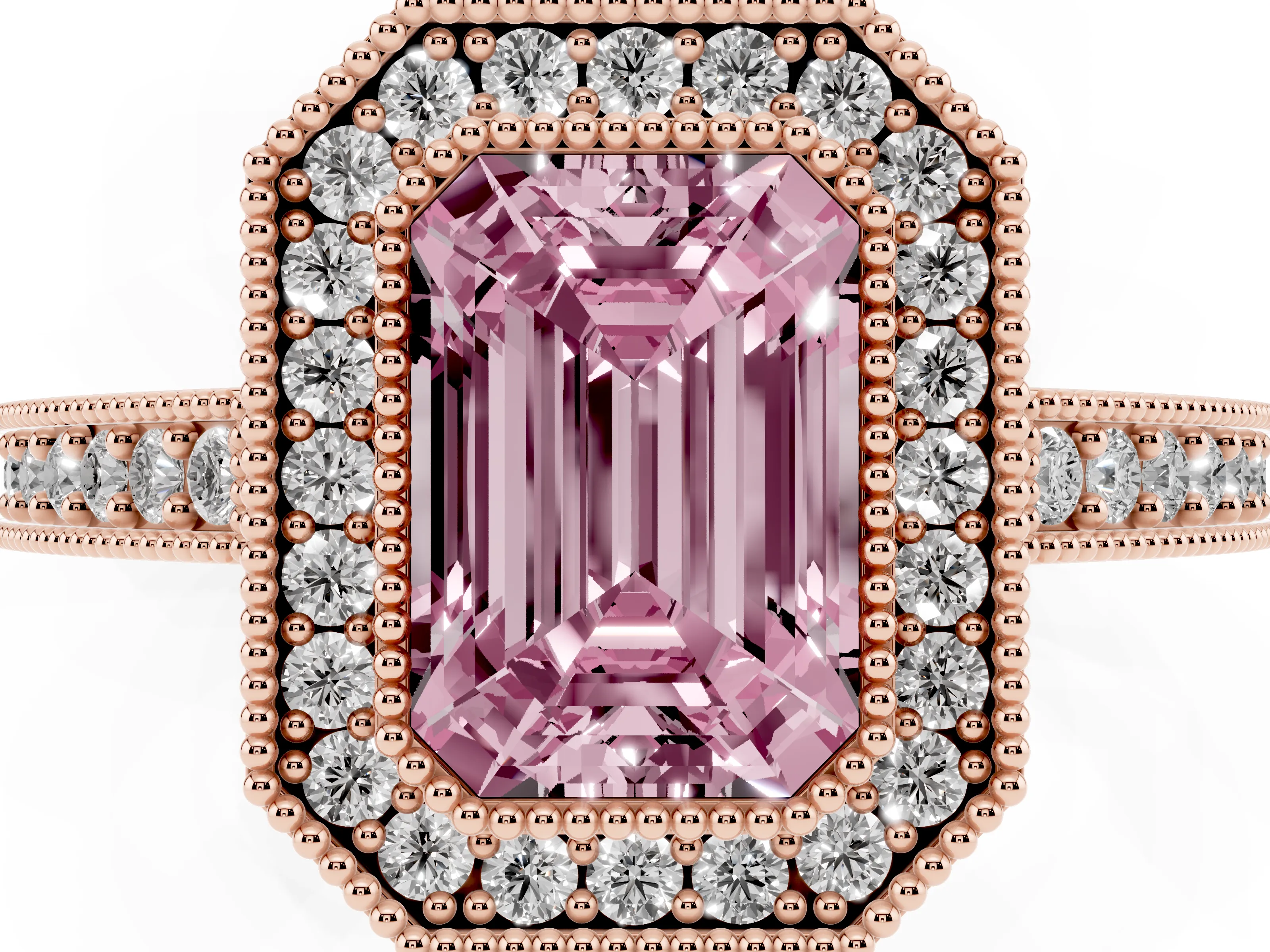 Fancy Pink Emerald Cut Diamond Halo Engagement Ring Set in Rose gold with Pavé Band and Round Halo Stones