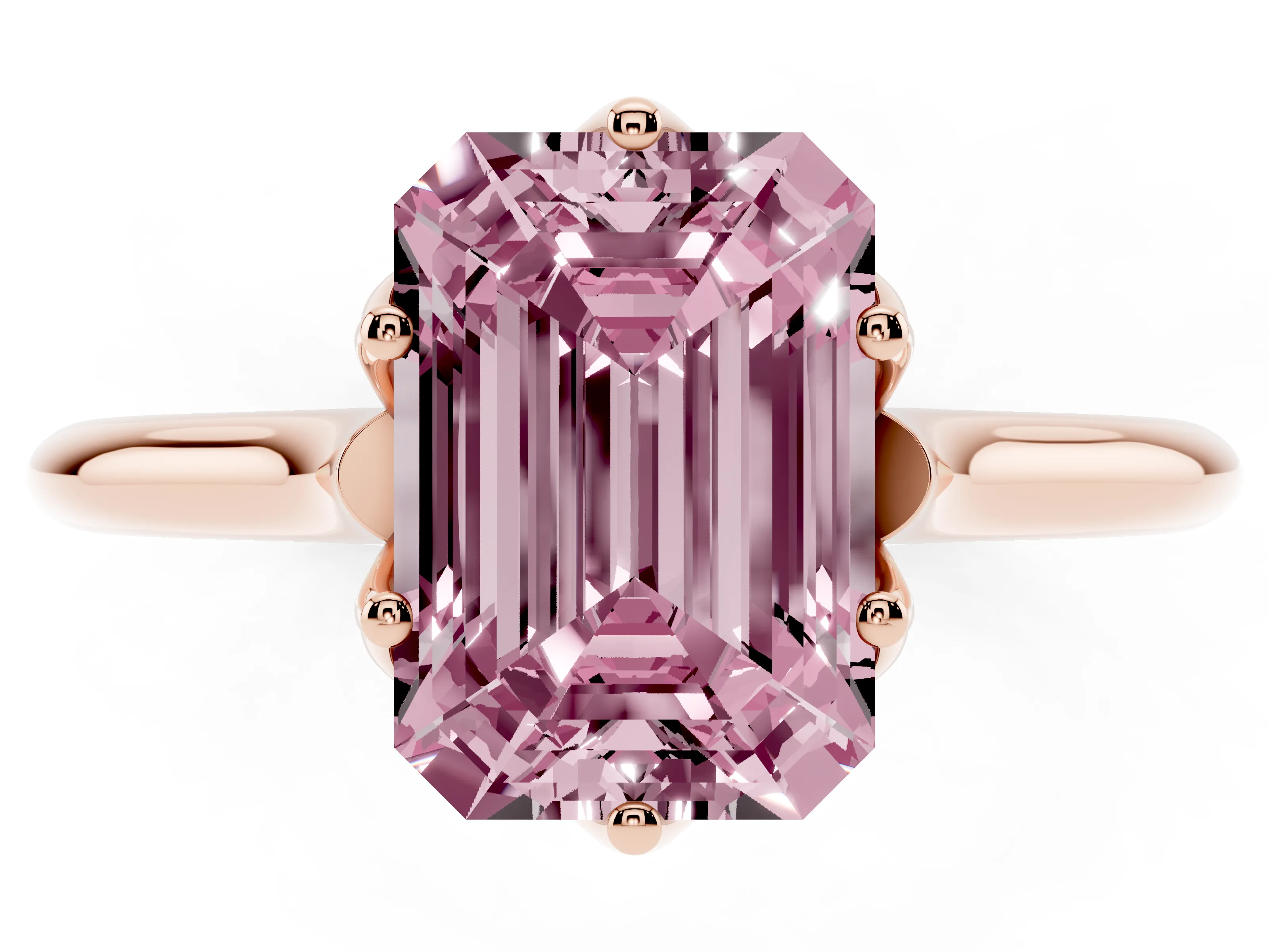 Fancy Pink Emerald Cut Diamond Solitaire Cathedral Ring Set in Rose gold with Prong Setting