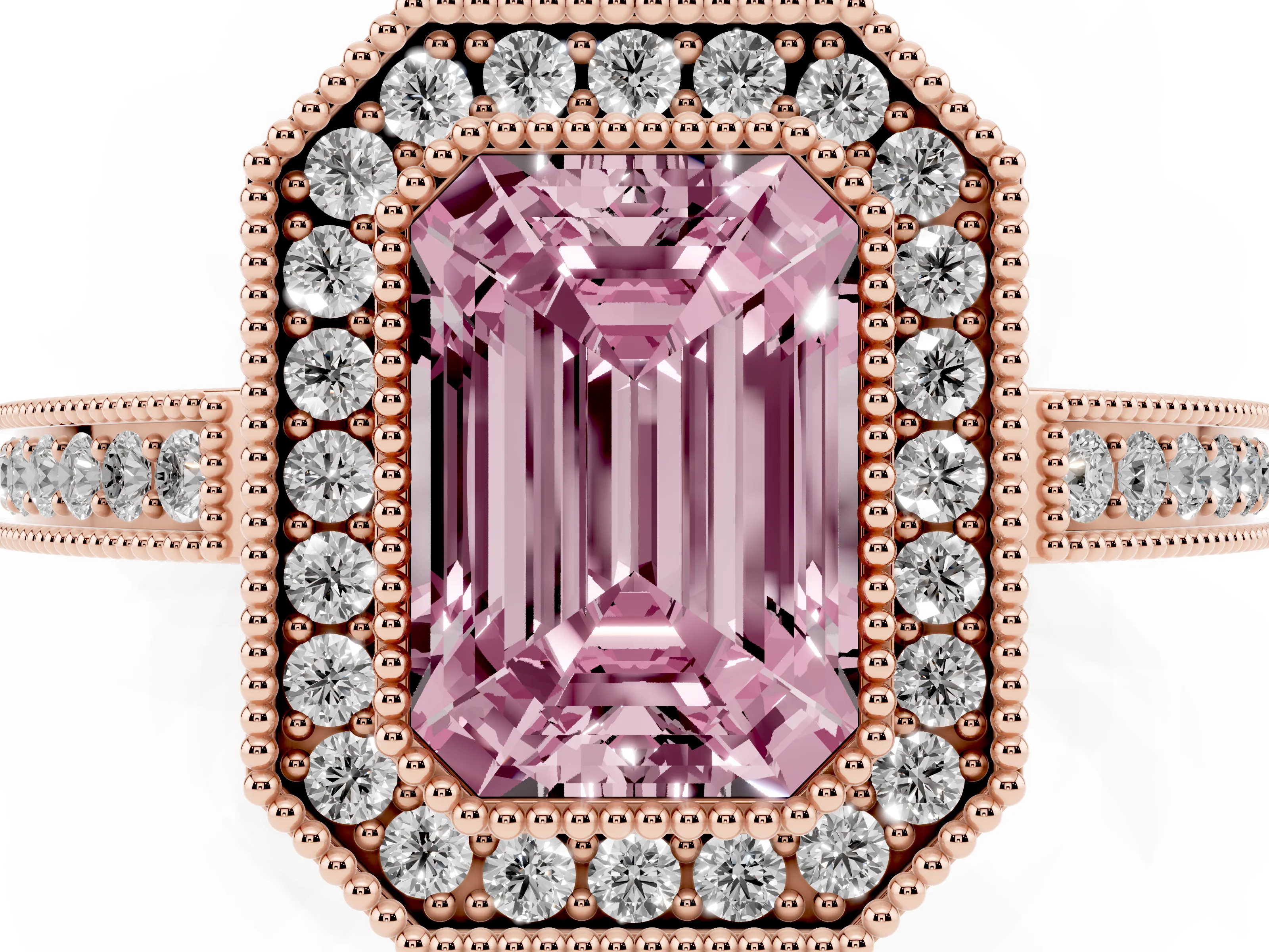 Fancy Pink Emerald Cut Diamond Halo Ring Set in Rose gold with Pavé Band and Milgrain-Edged Prongs