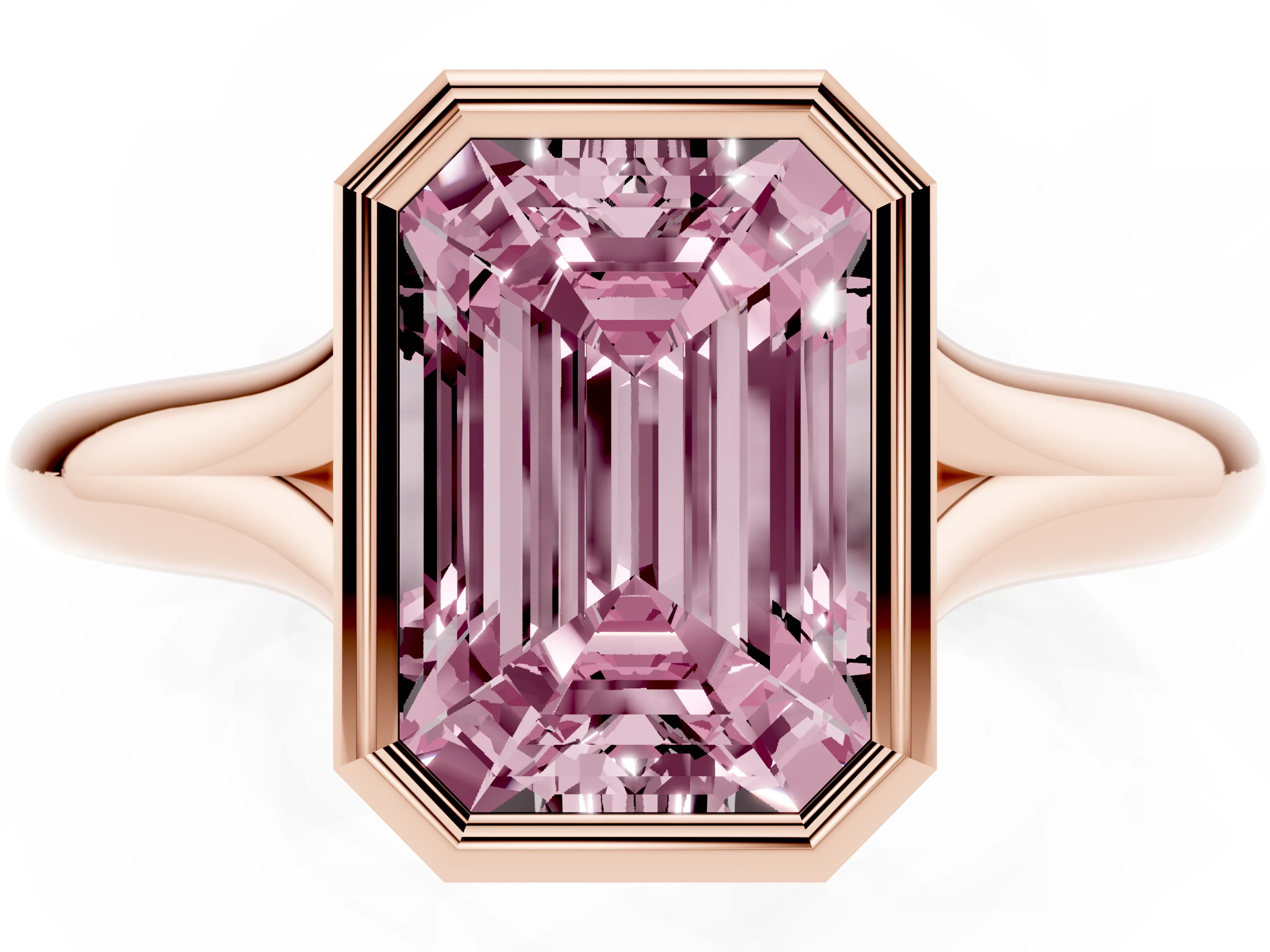 Fancy Pink Bezel Set Emerald Cut Diamond Solitaire Ring Set in Rose gold with Smooth Band