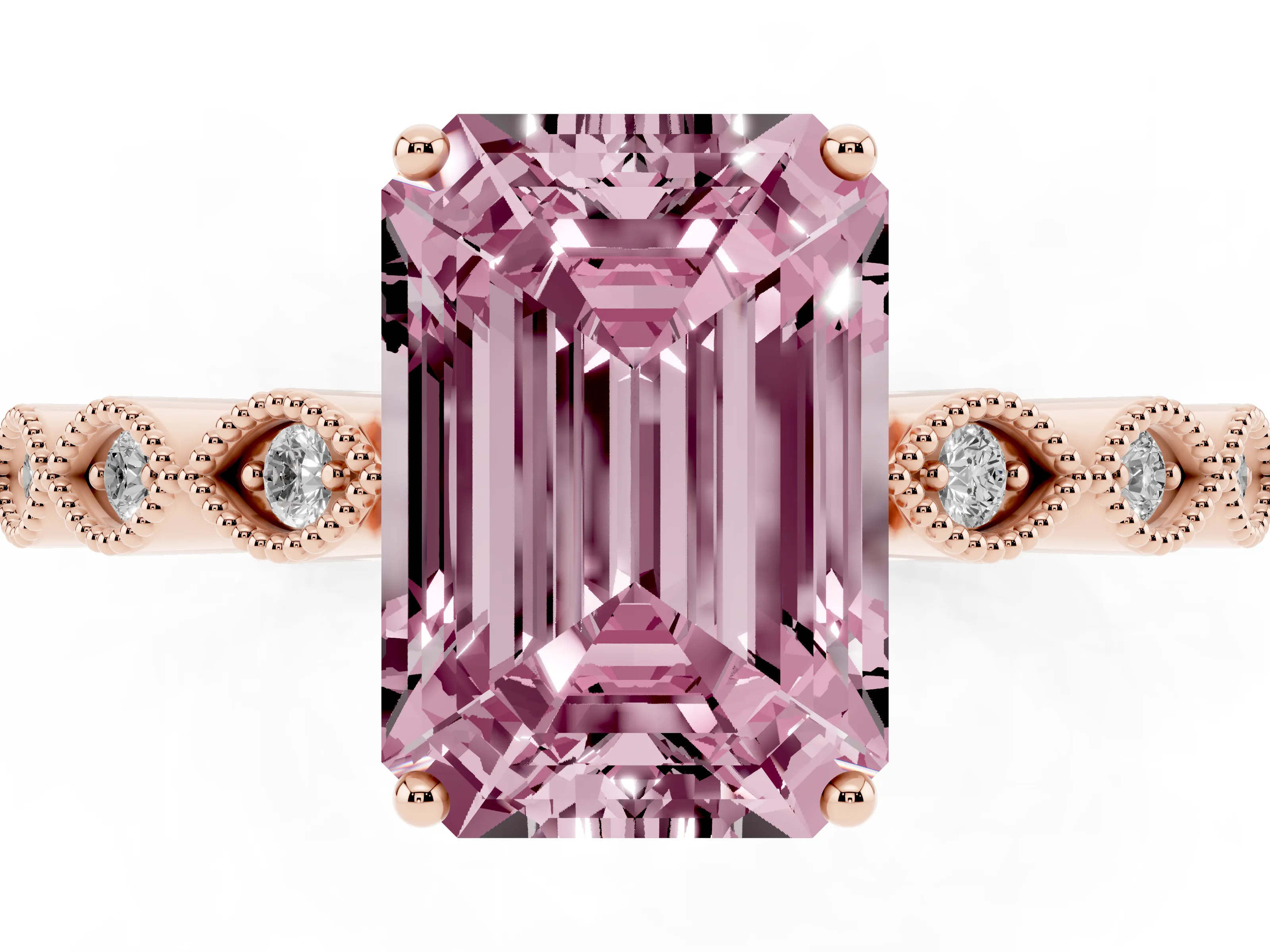Fancy Pink Emerald Cut Diamond Solitaire Ring Set in Rose gold with Infinity Twist Pavé Band