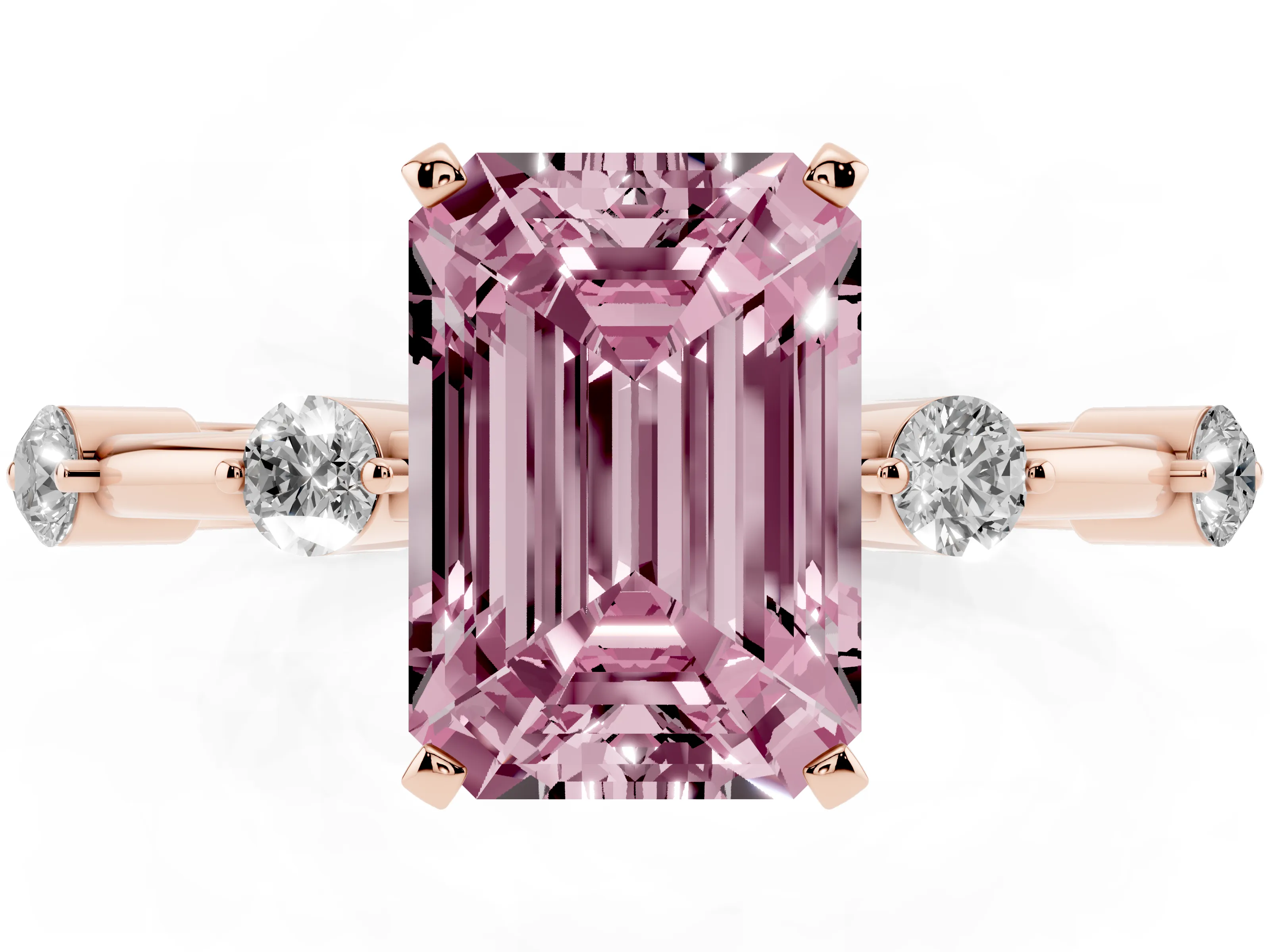 Fancy Pink Emerald Cut Diamond Solitaire Ring Set in Rose gold with Bezel Set Side Stones and Prong Setting