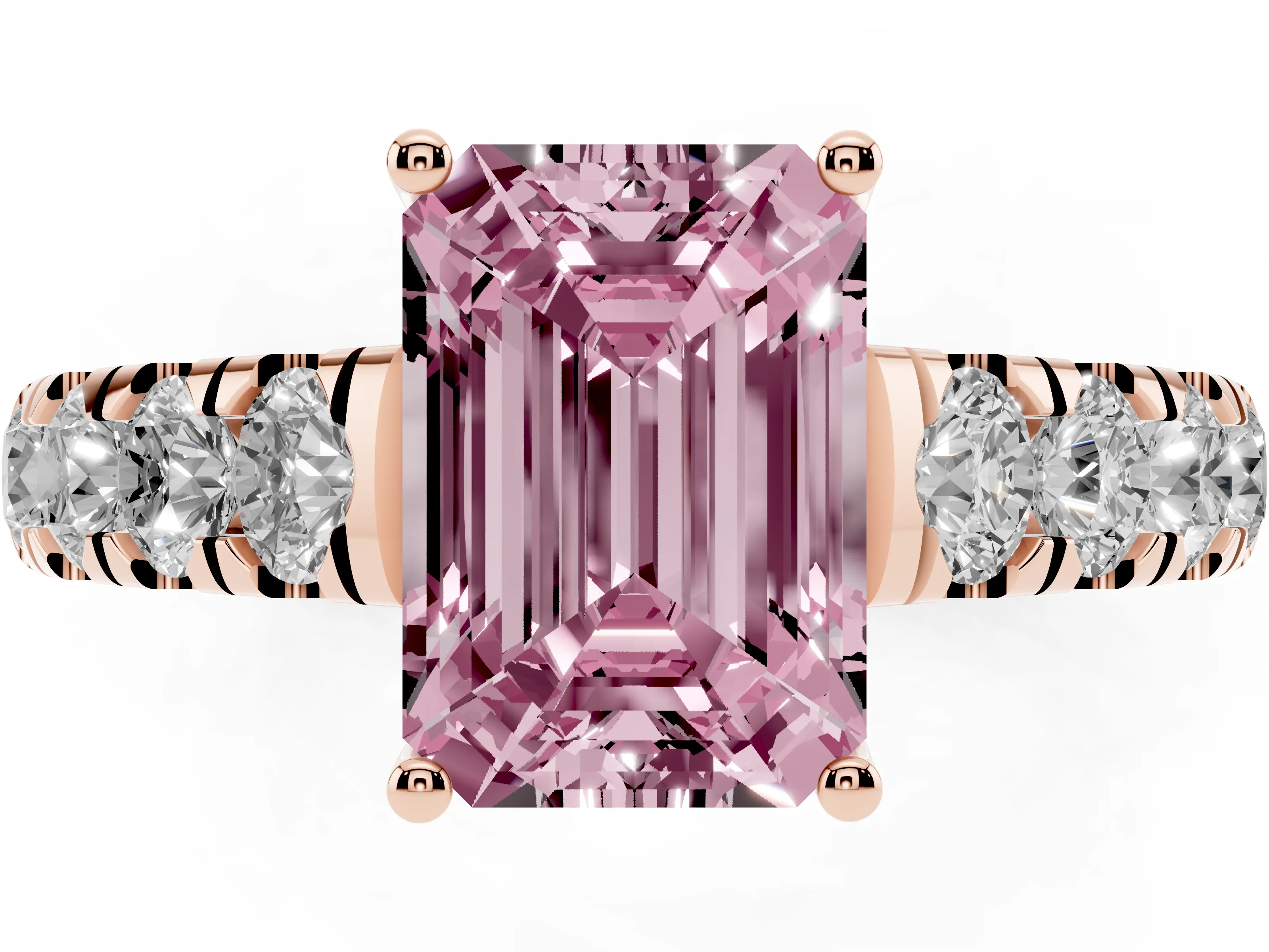 Fancy Pink Emerald Cut Diamond Solitaire Ring Set in Rose gold with Cut-Down Micro Pavé Band and Prong Setting