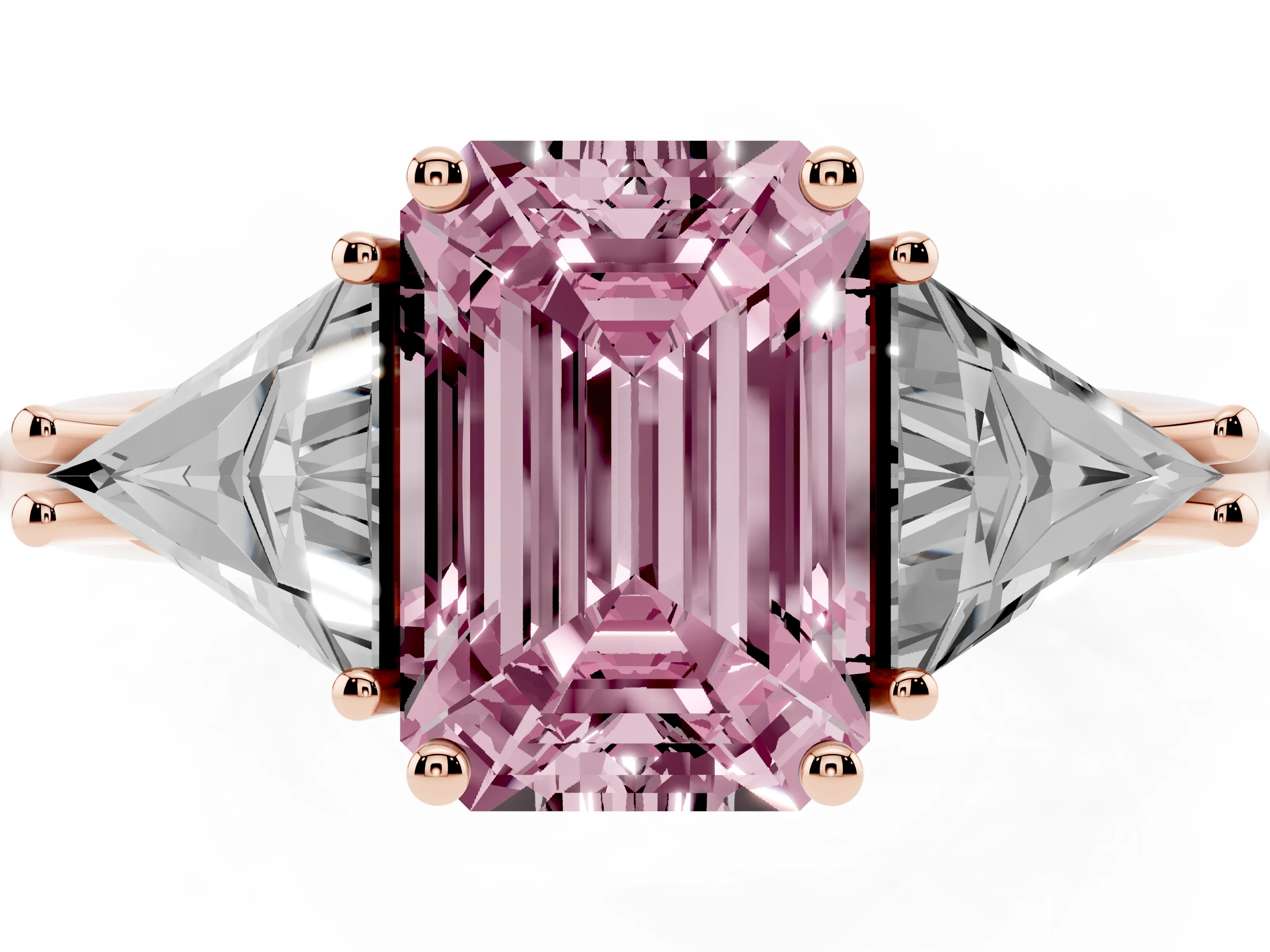 Fancy Pink Emerald Cut Diamond Three-Stone Engagement Ring Set in Rose gold with Trillion Side Stones